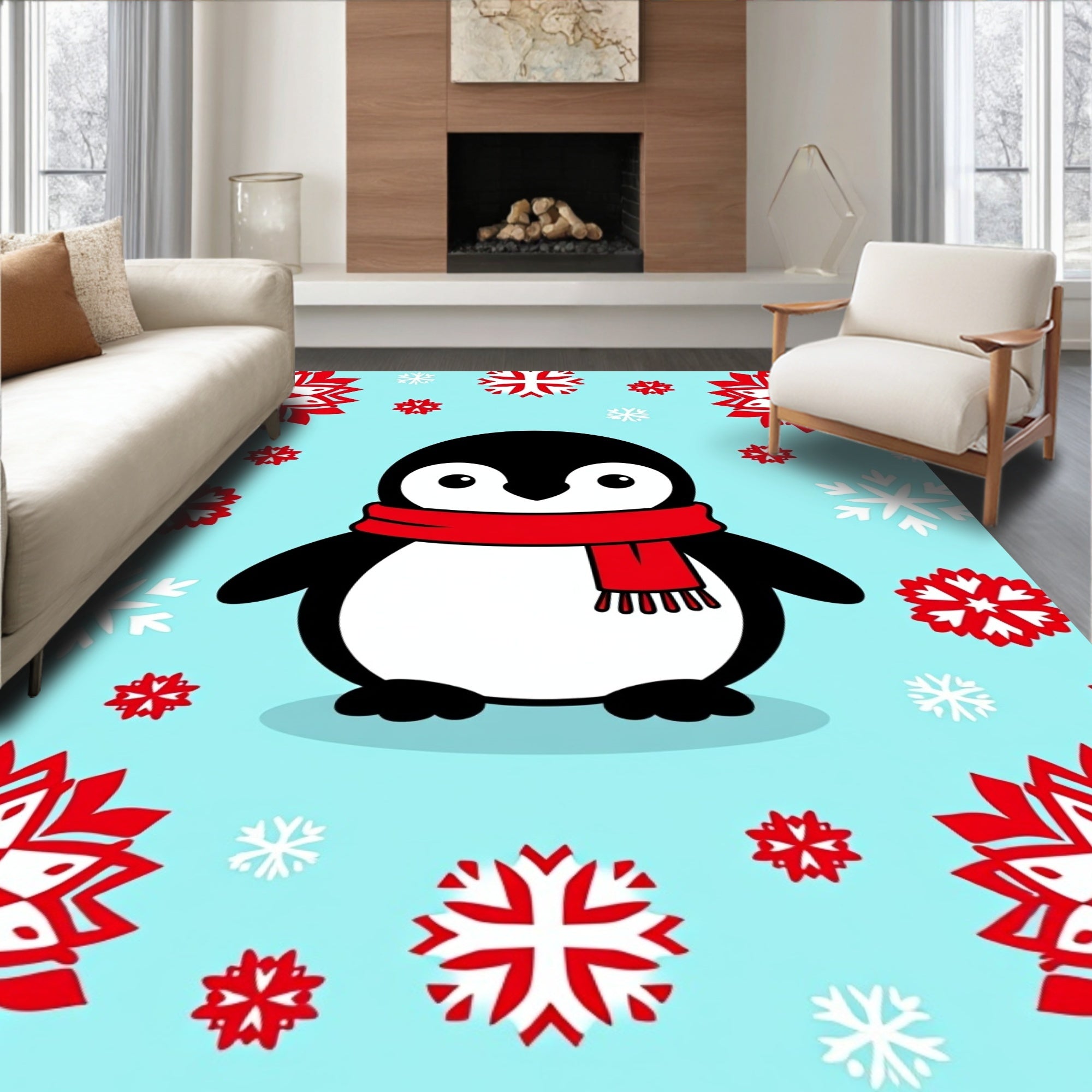 Charming Penguin Red Scarf Snowflakes Rug