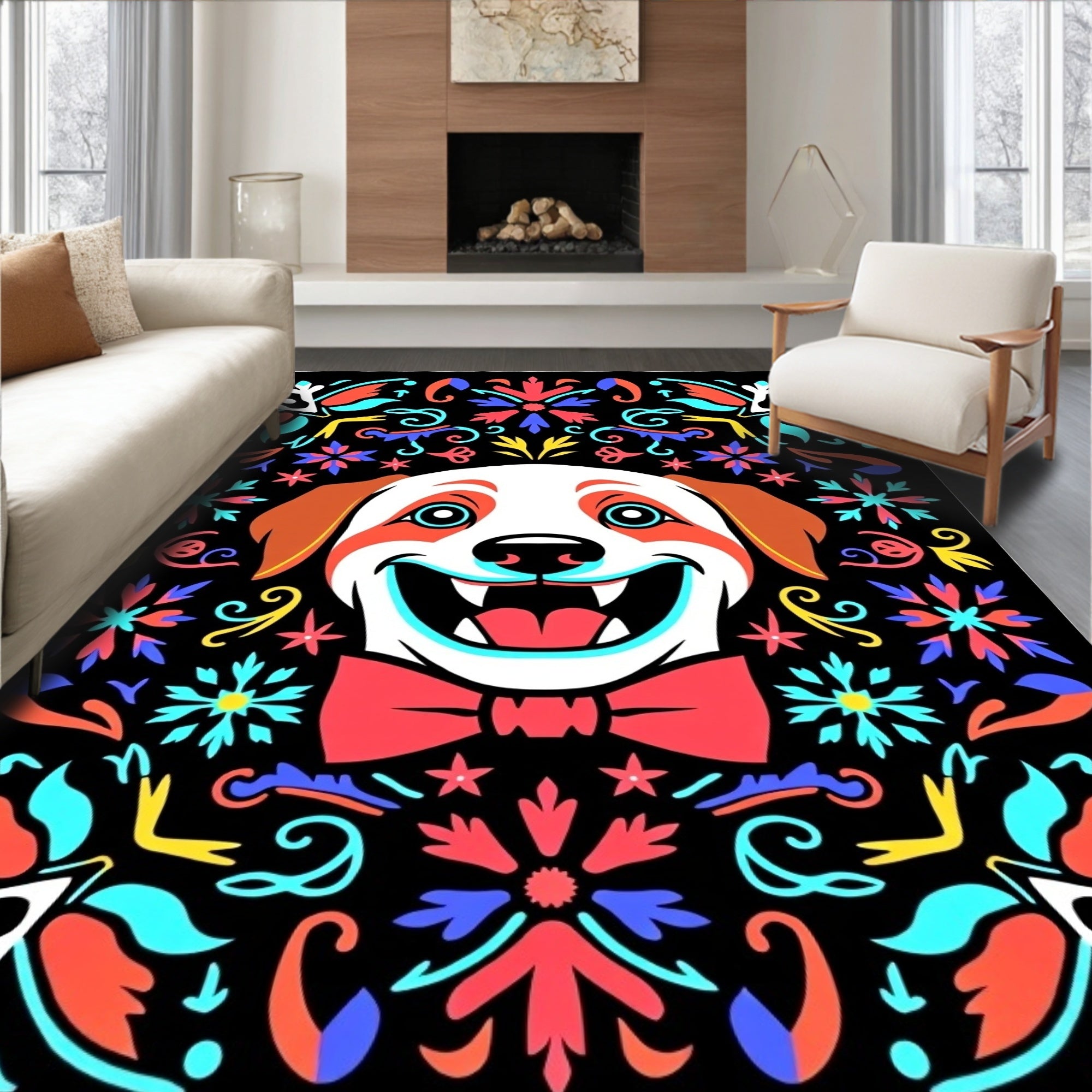 Joyful Dog With Floral Surroundings Rug