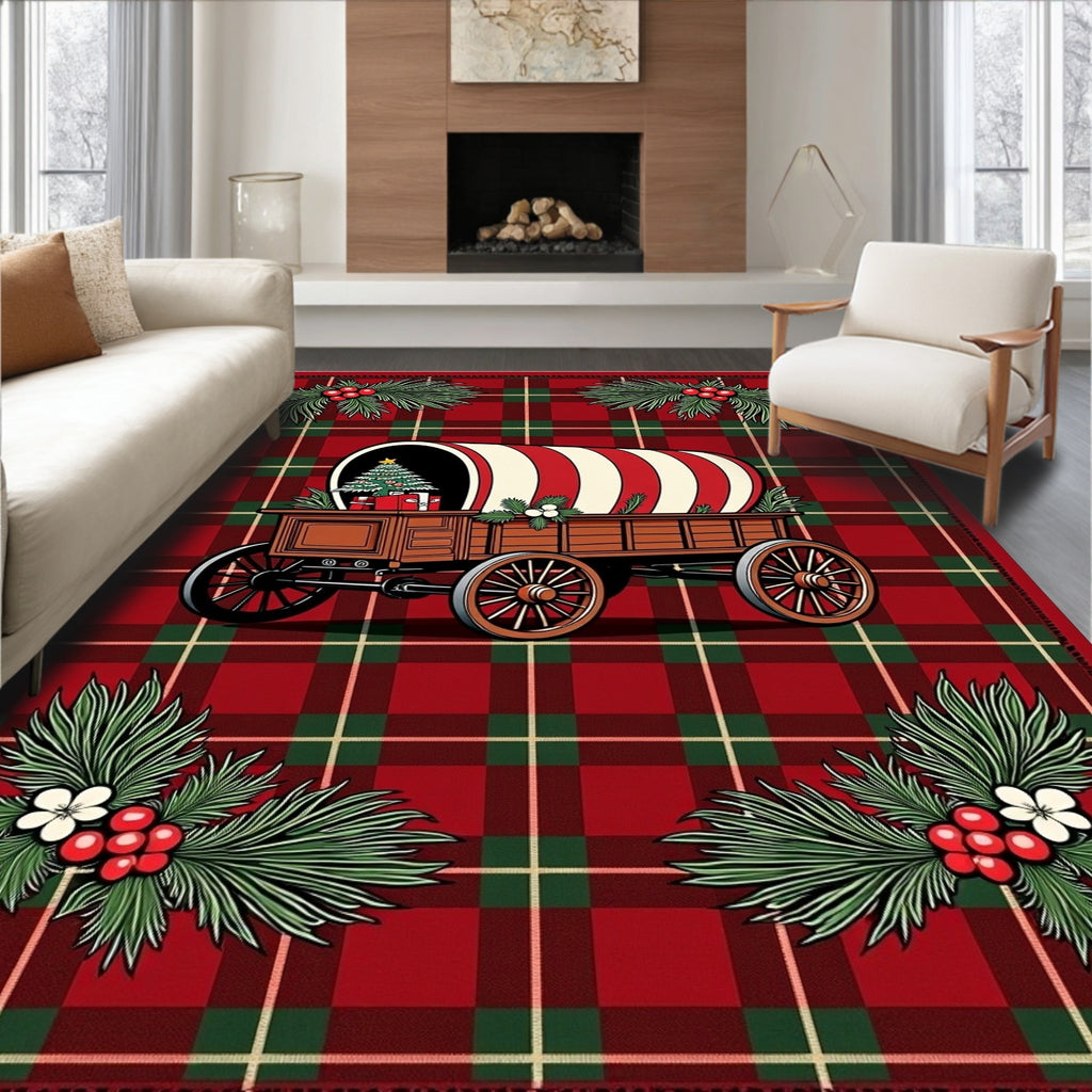 Christmas Wagons on Red Plaid Rug