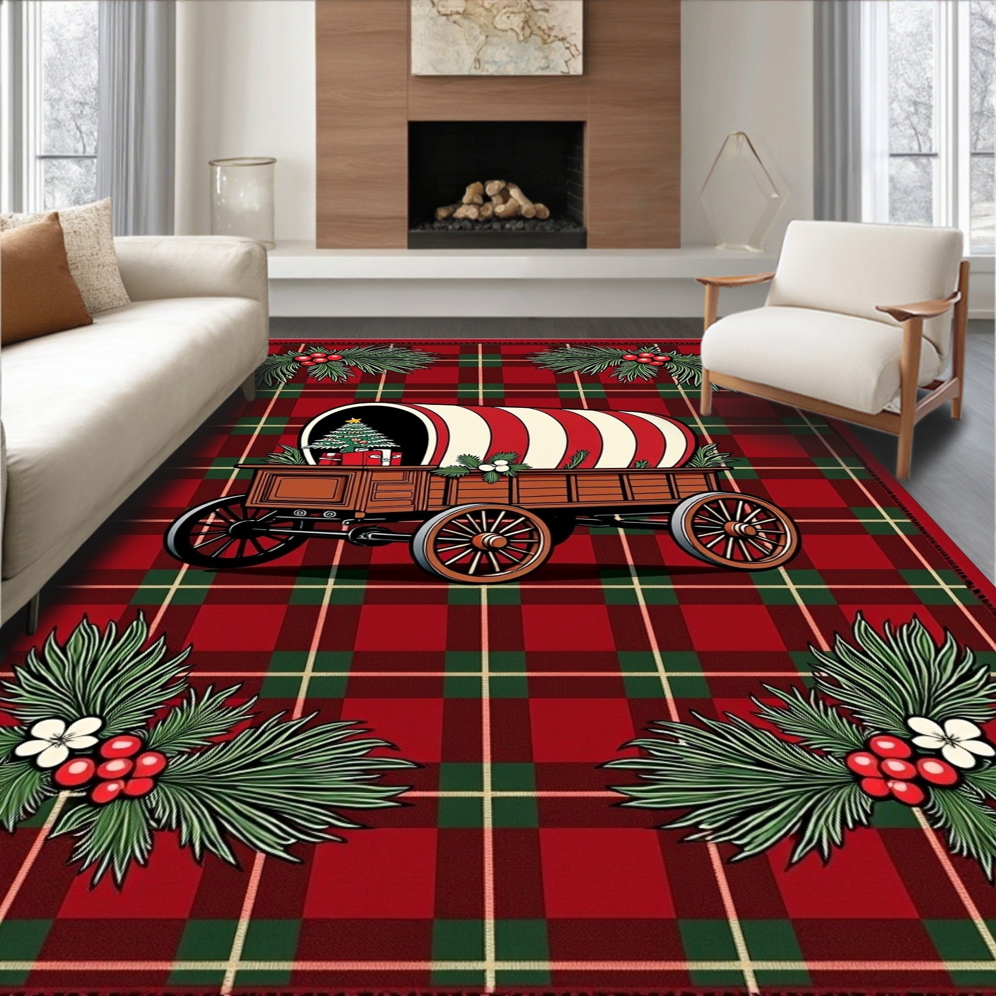 Christmas Wagons on Red Plaid Rug
