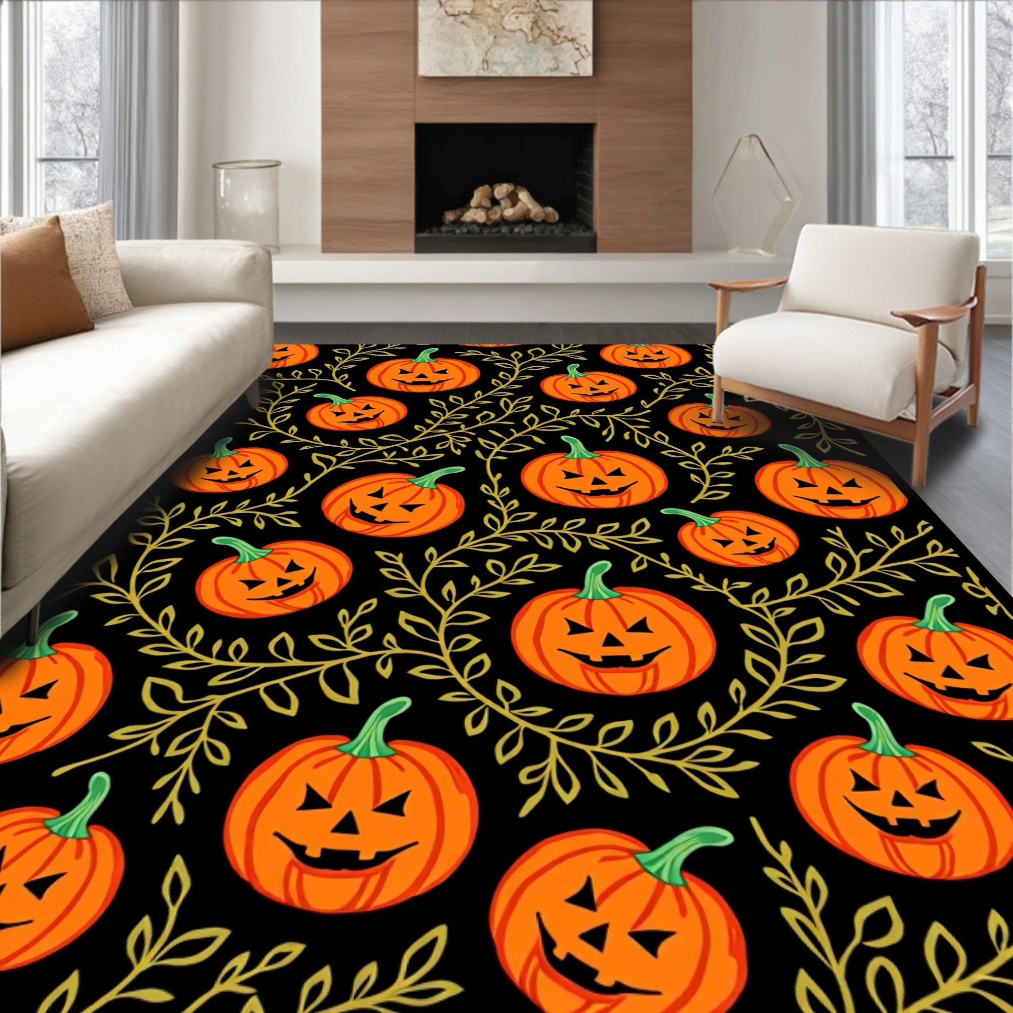 Halloween Orange Jack O Lantern Foliage Rug