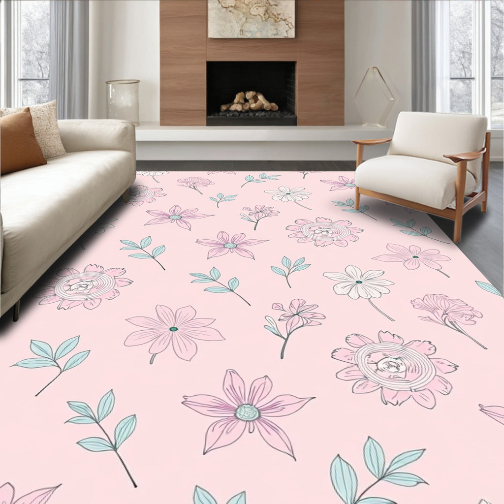 Blush Pink Floral Botanical Sketch Rug