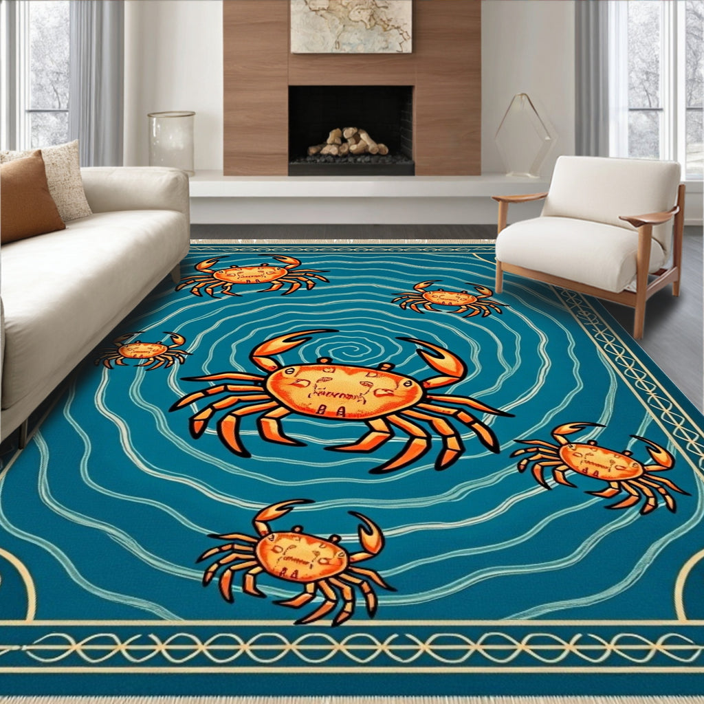 Orange Crabs Amidst Blue Swirling Waves Rug
