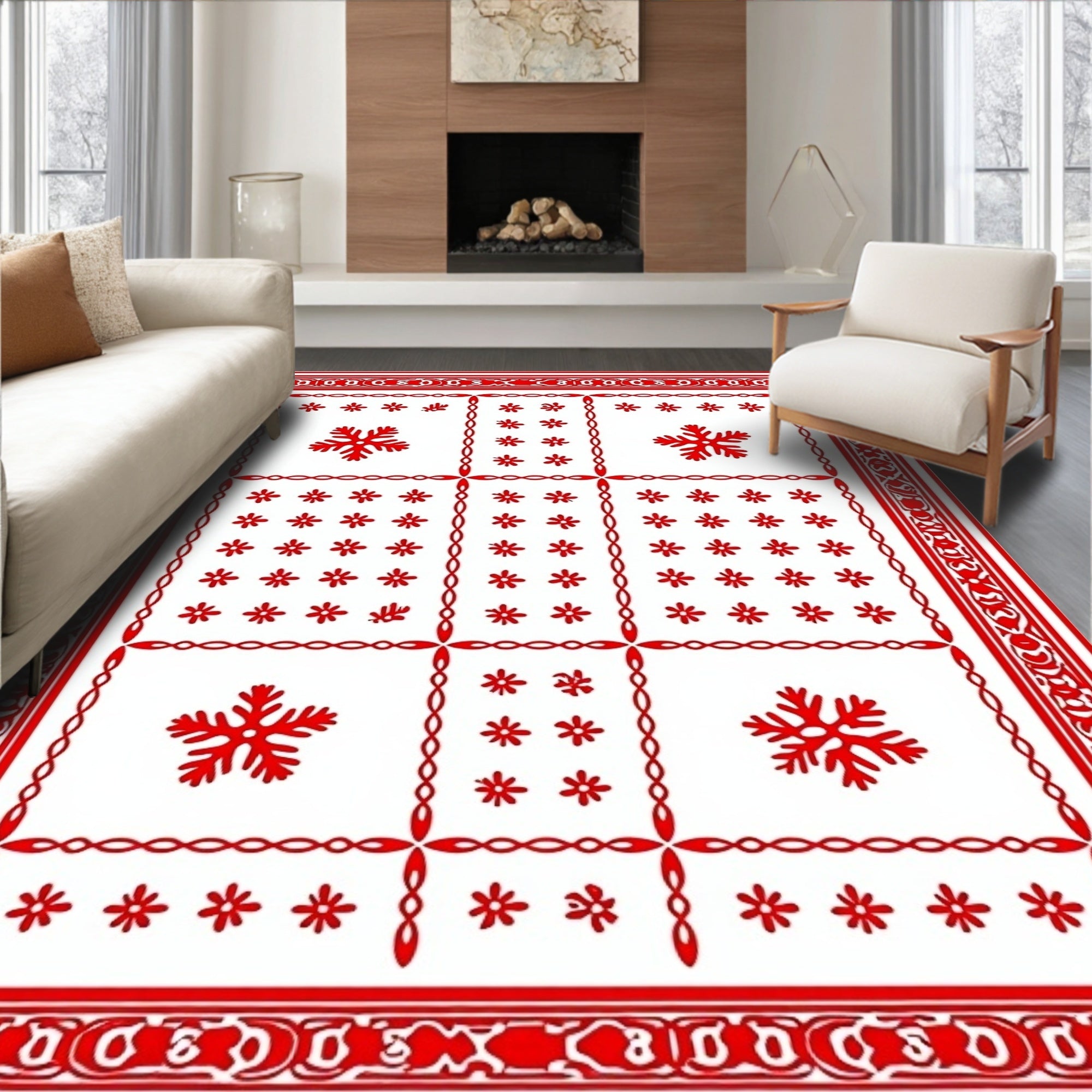 Red Snowflake Grid Border Rug