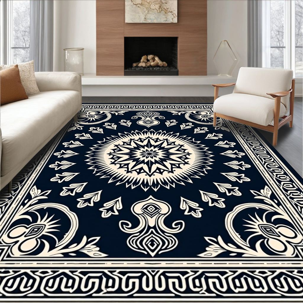 Dark Navy Cream Geometric Floral Medallion Rug