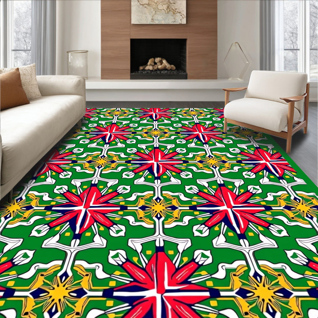 Vibrant Red Yellow Green Geometric Floral Rug