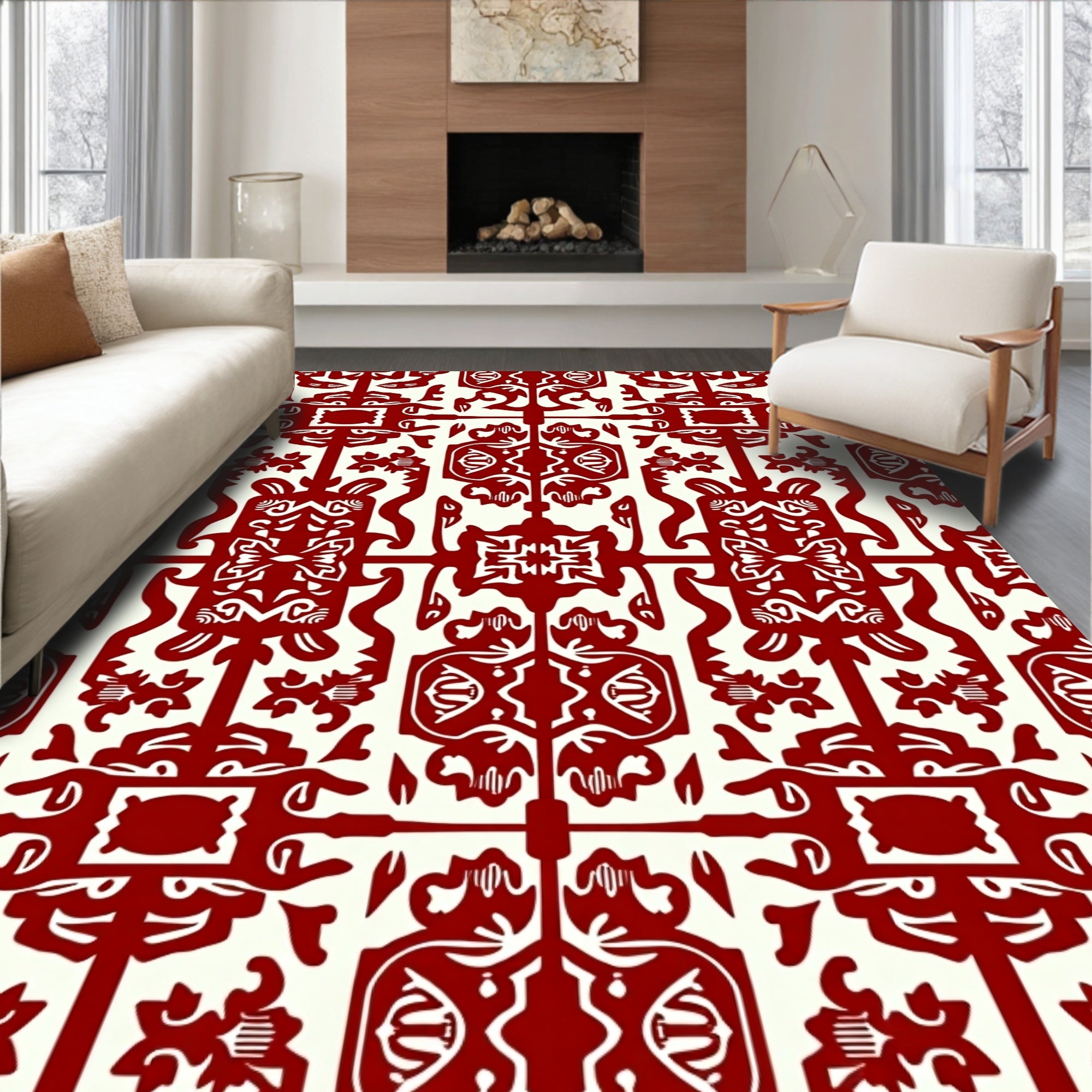 Crimson Ivory Symmetric Folk Art Rug