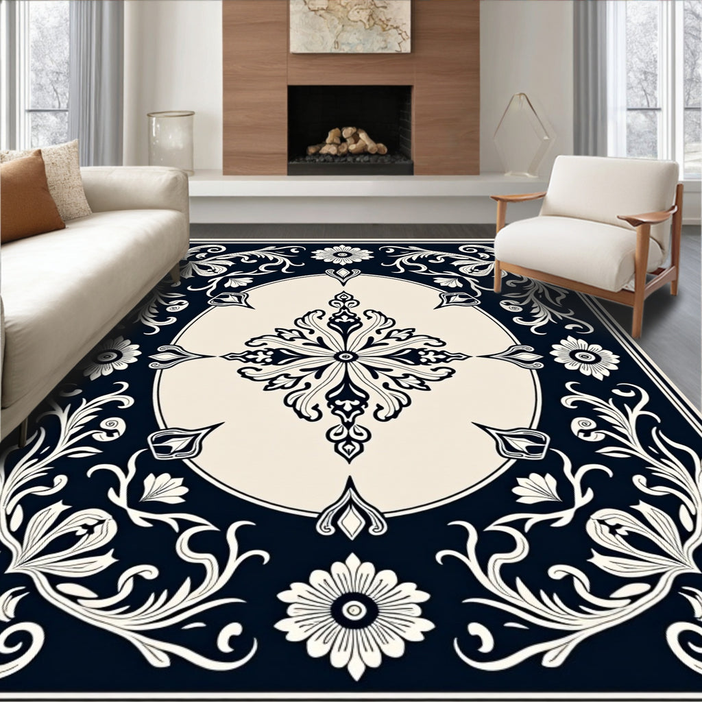 Dark Navy Cream Floral Medallion Border Rug