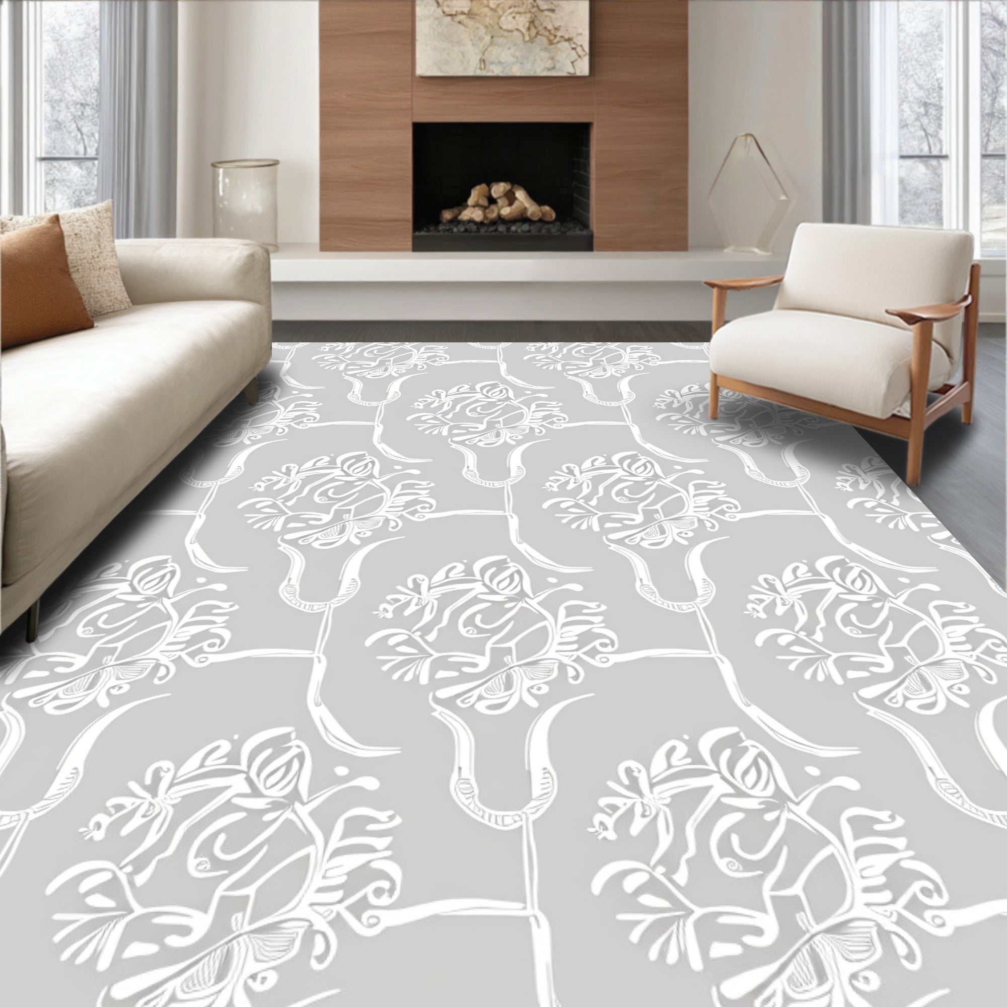 Soft Gray White Organic Floral Scroll Rug