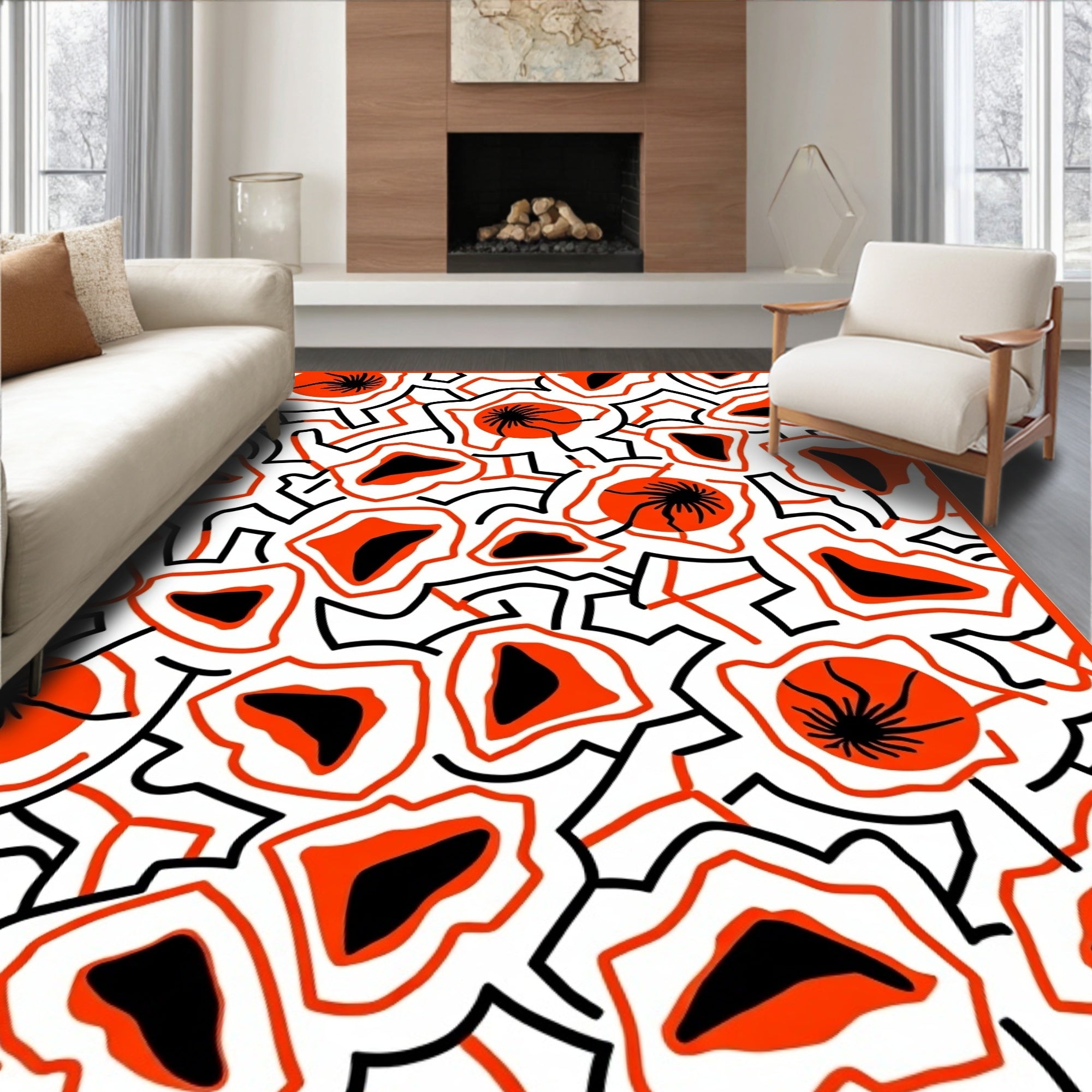 Bold Orange Black White Abstract Organic Rug