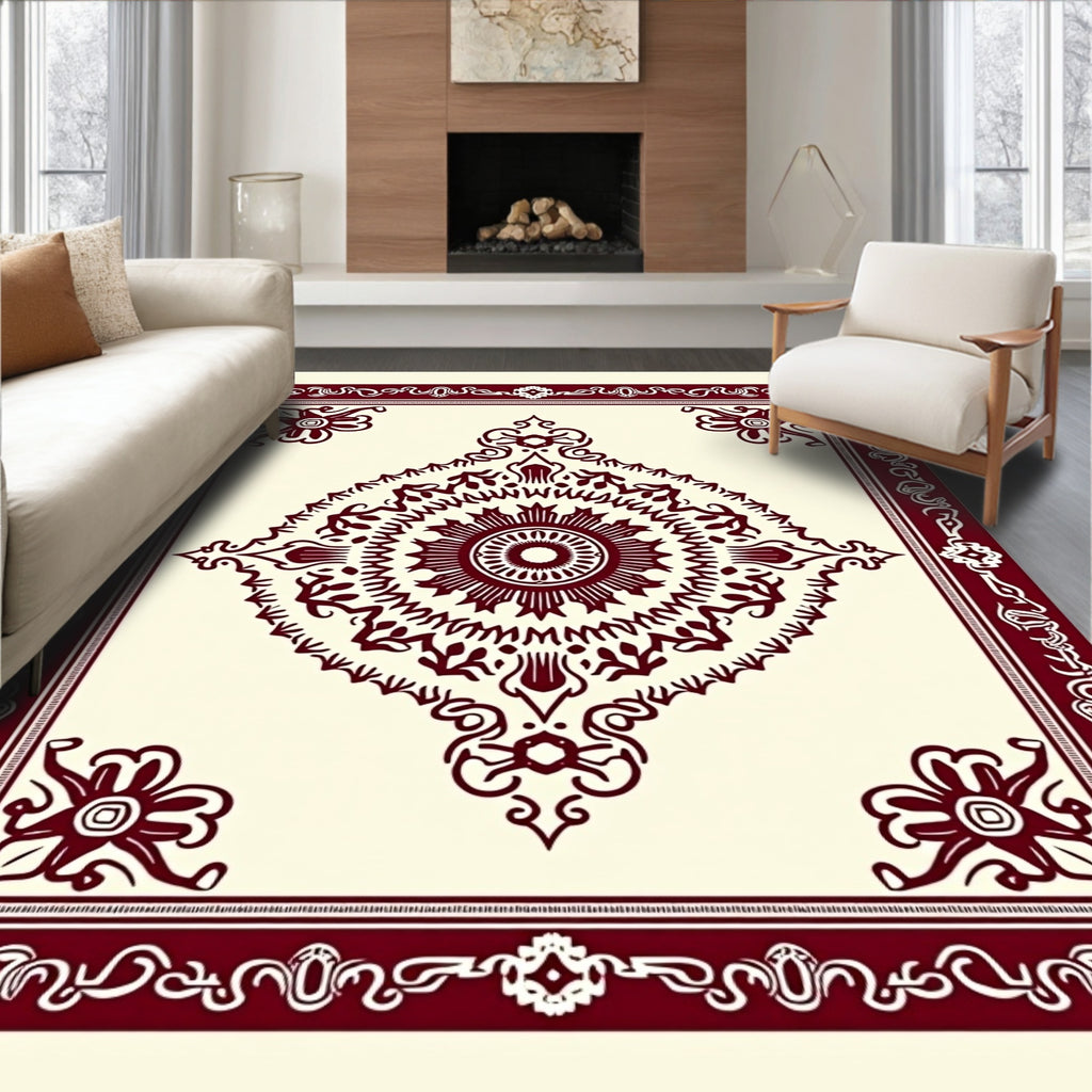 Deep Crimson Mandala Border Cream Rug