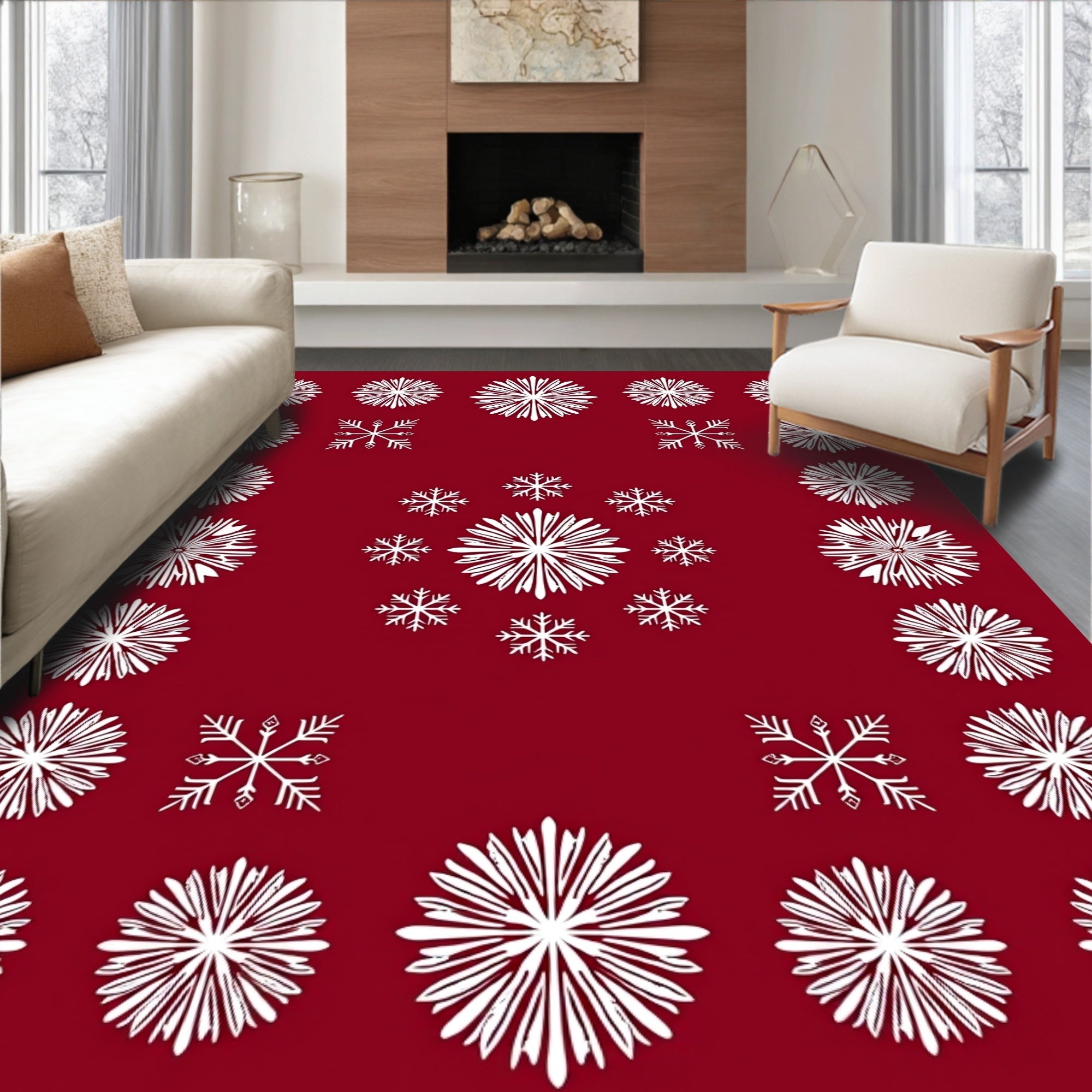 Crisp White Snowflake Scatter Red Rug