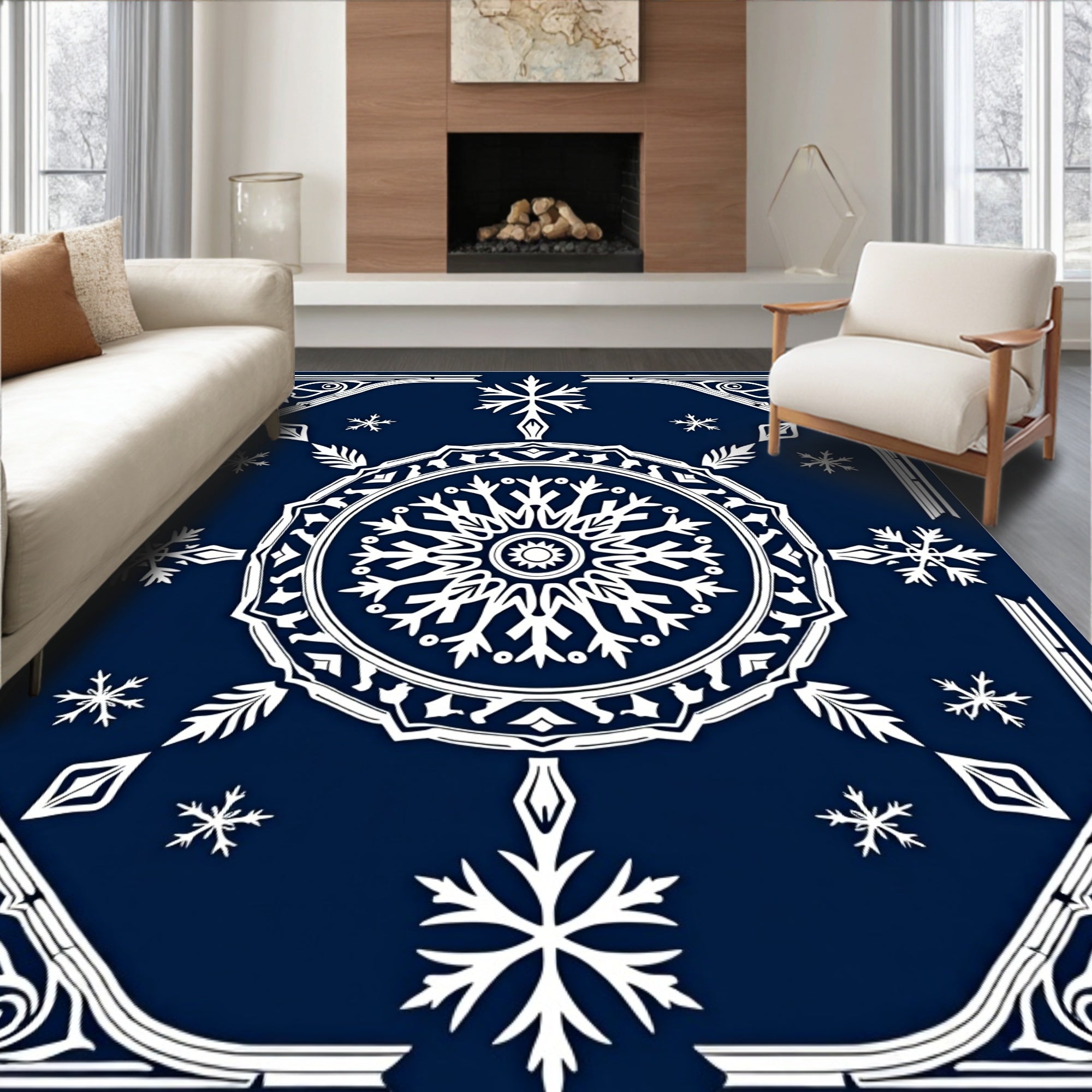 Midnight Blue Snowflake Mandala Rug