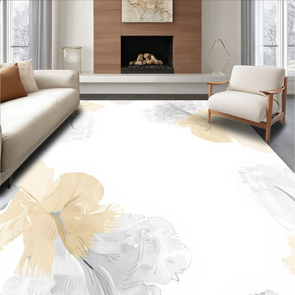Soft Gold Cream Feathered Abstract Rug
