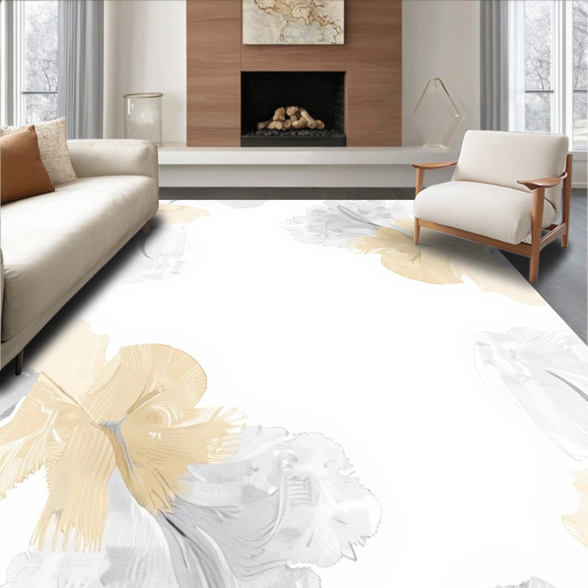 Soft Gold Cream Feathered Abstract Rug