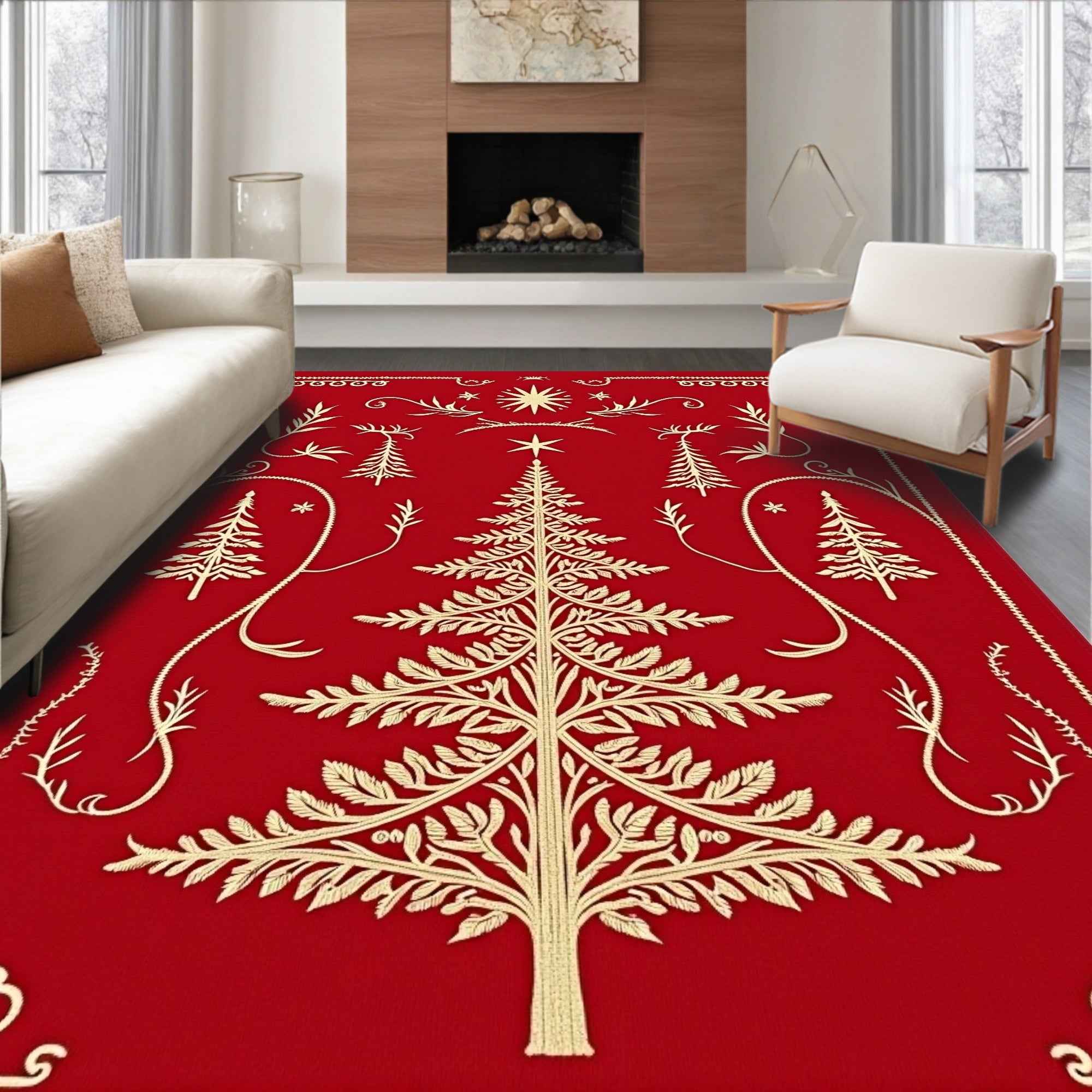 Crimson Gold Festive Tree Garland Rug