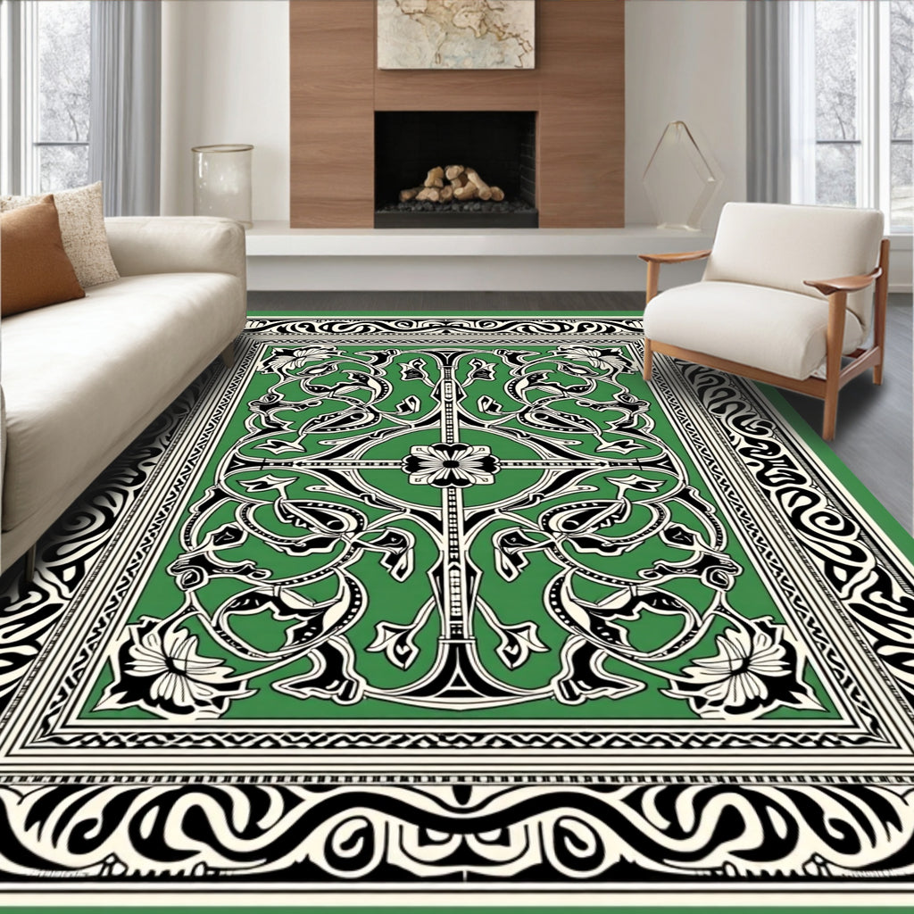 Emerald Green Floral Scroll Border Rug