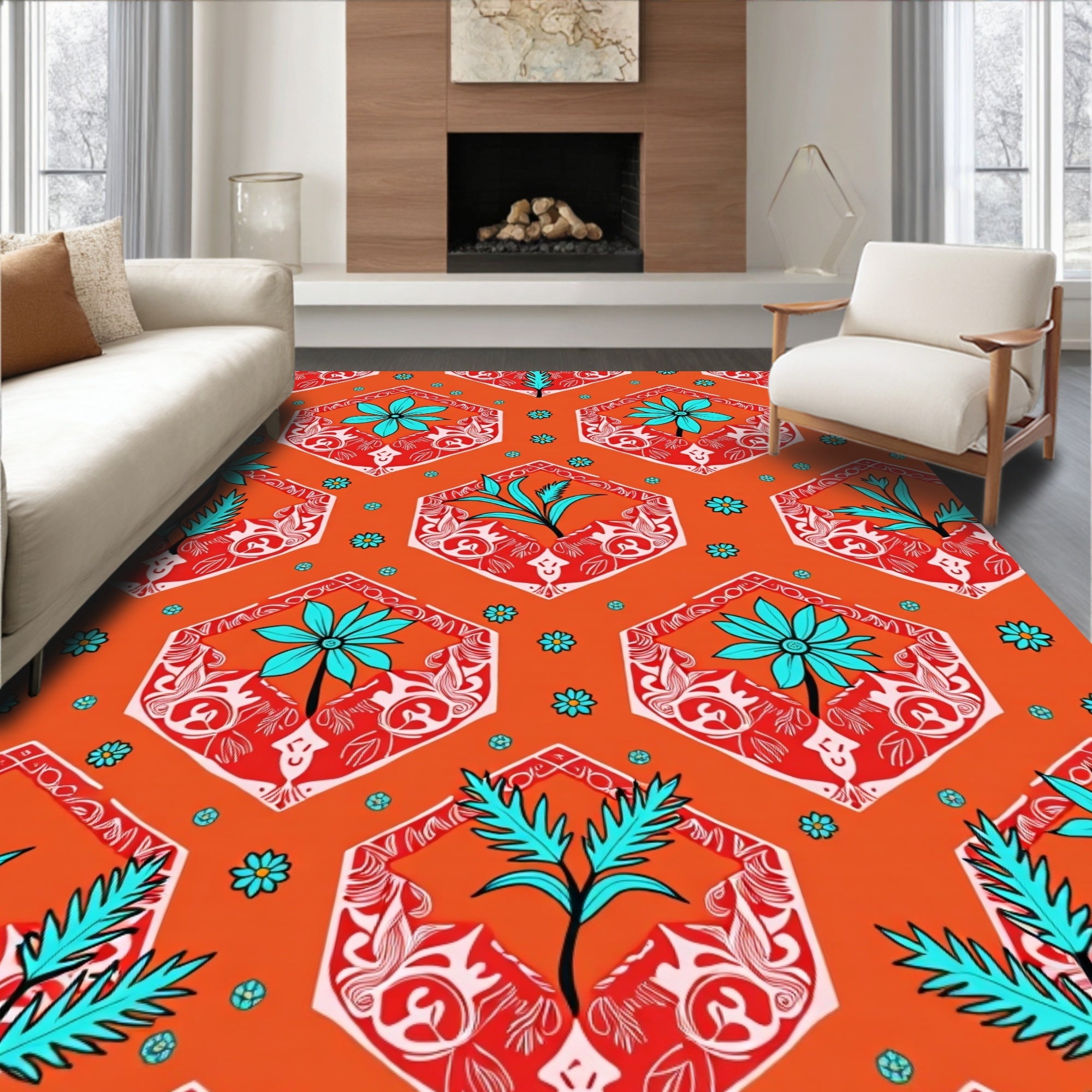 Orange Hexagonal Tropical Floral Rug