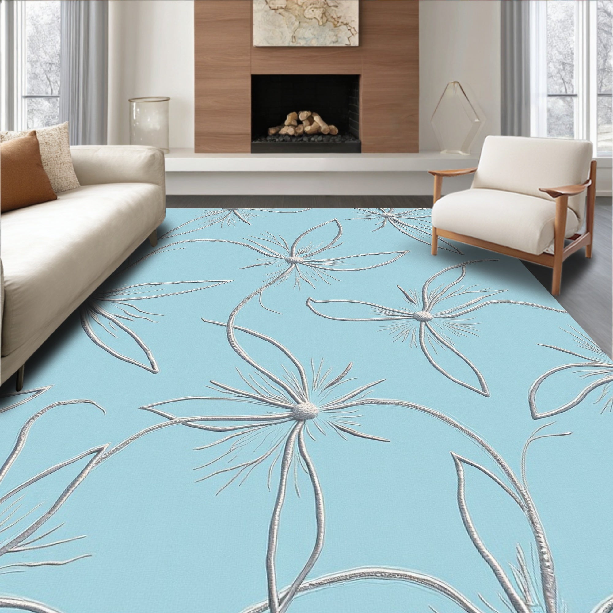Serene Sky Blue Outline Floral Rug