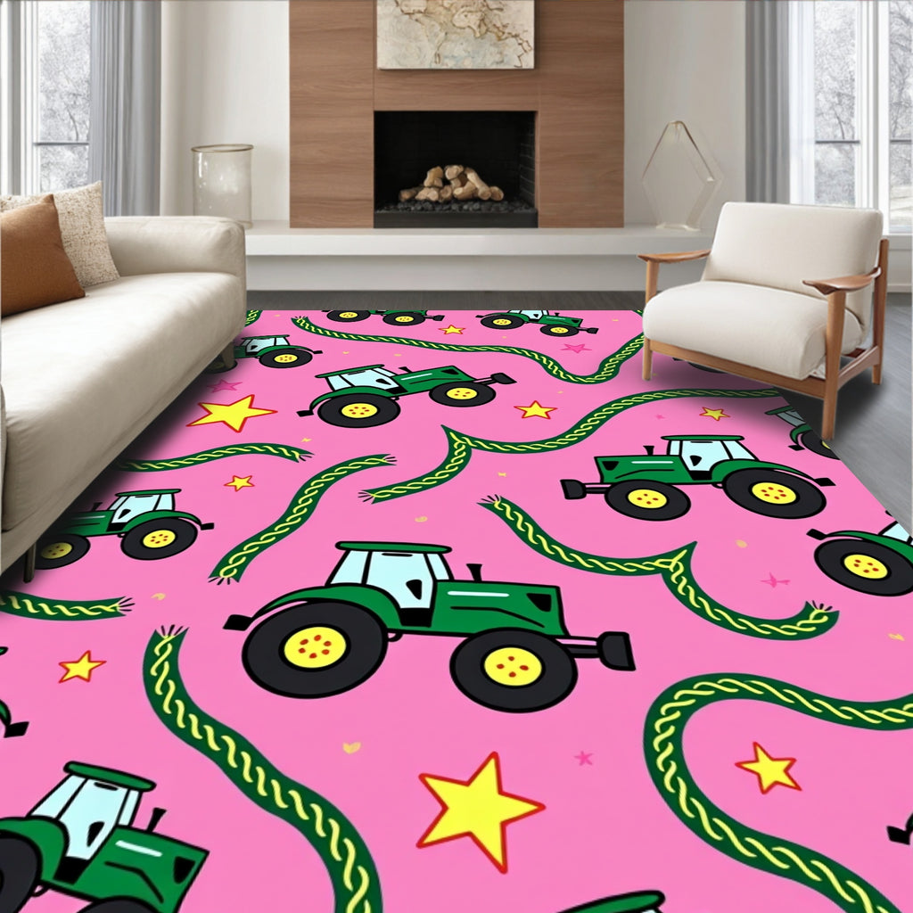 Green Tractors Pink Starry Field Rug