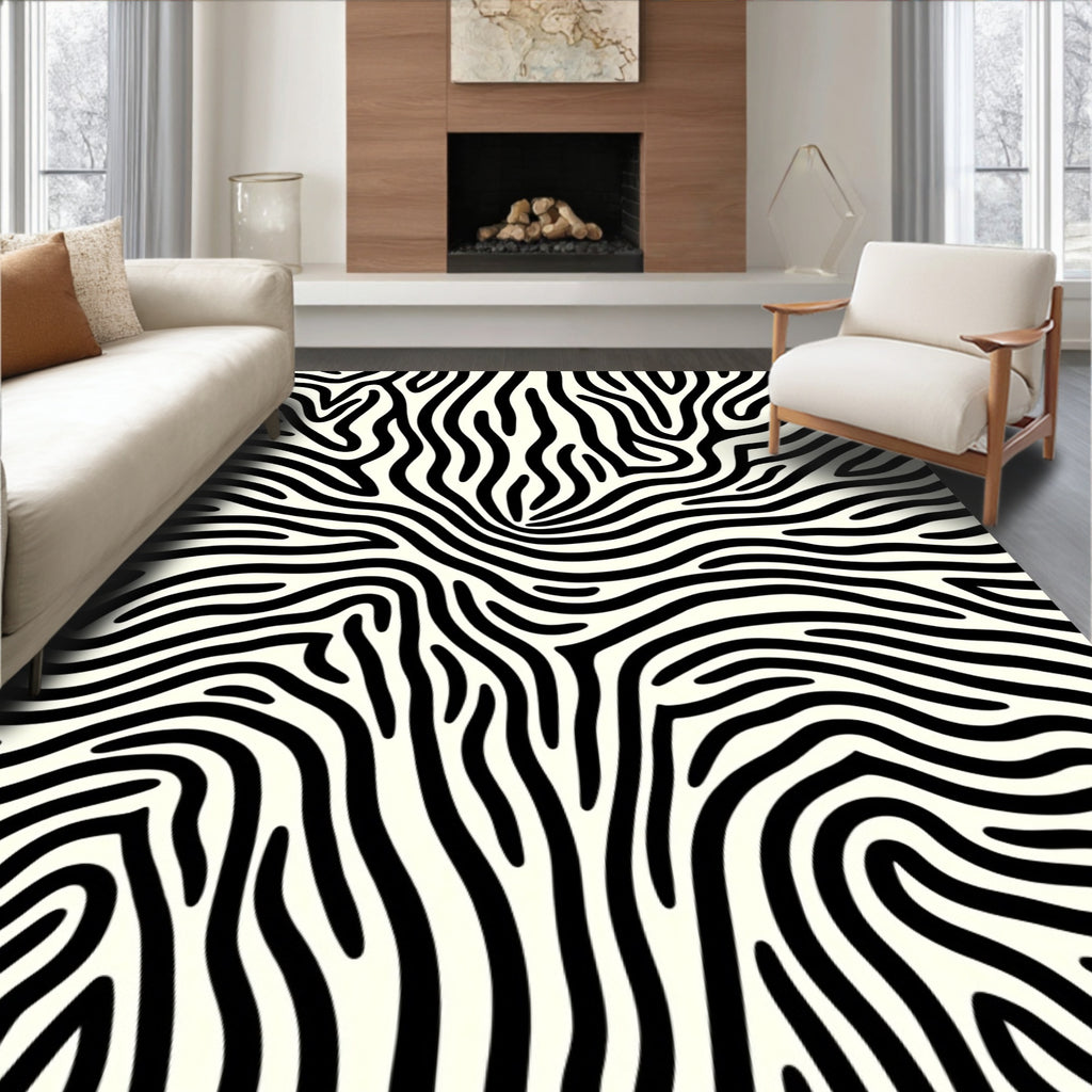 Bold Black White Zebra Swirl Rug