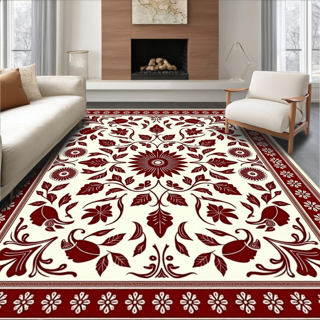 Deep Crimson Floral Medallion Border Rug