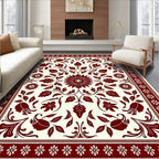 Deep Crimson Floral Medallion Border Rug