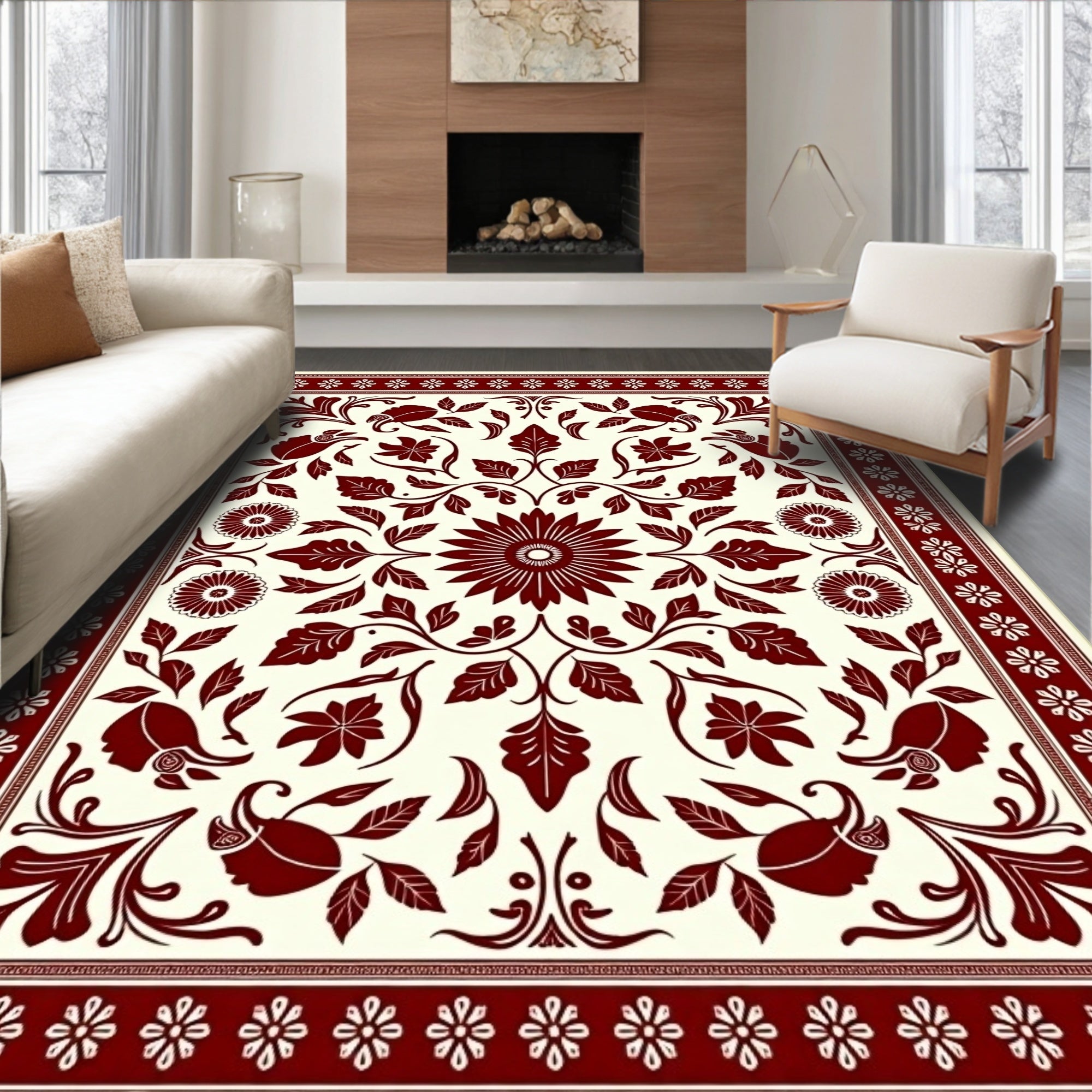 Deep Crimson Floral Medallion Border Rug