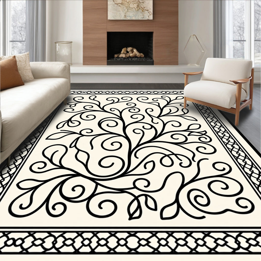 Black Vine Swirl Border Rug