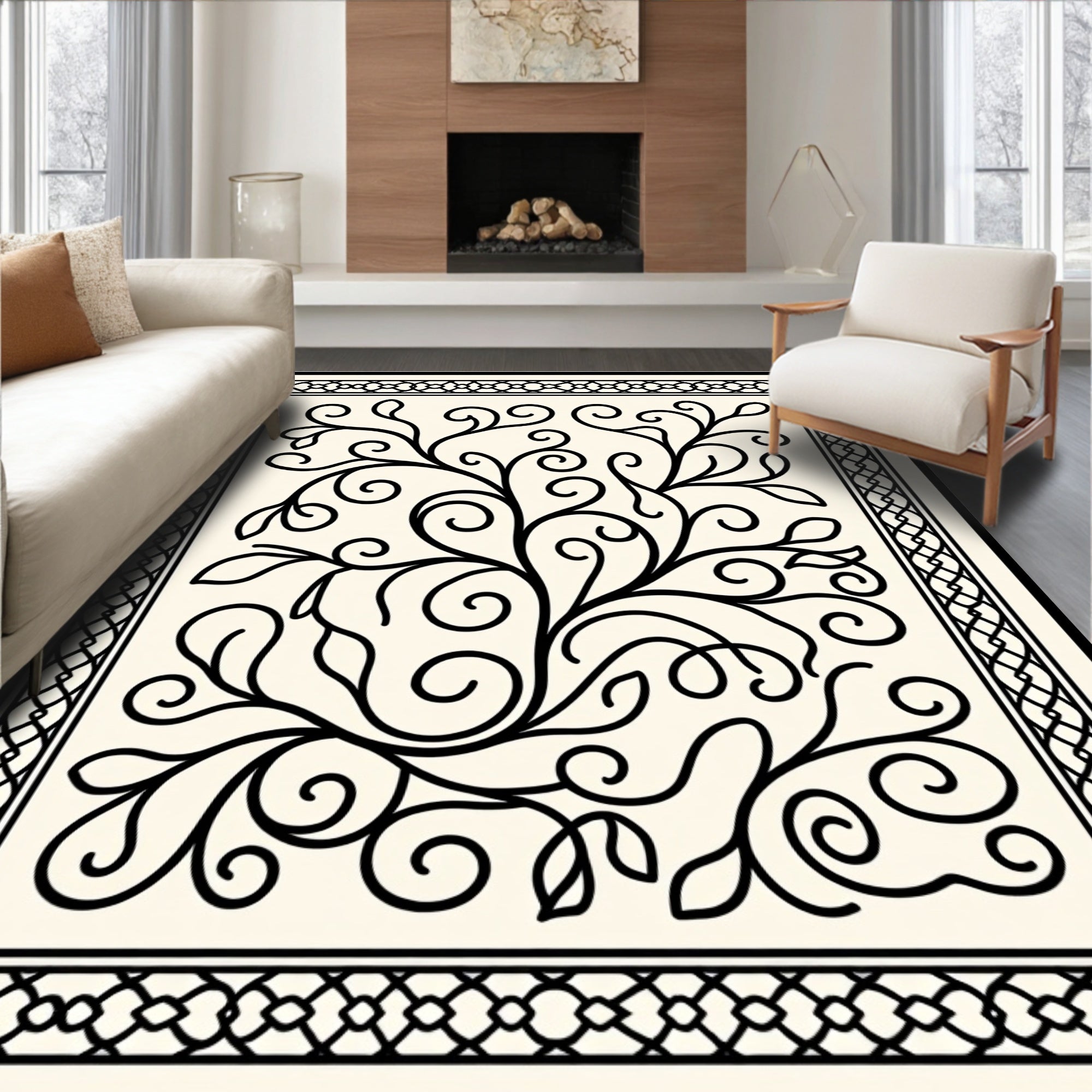 Black Vine Swirl Border Rug