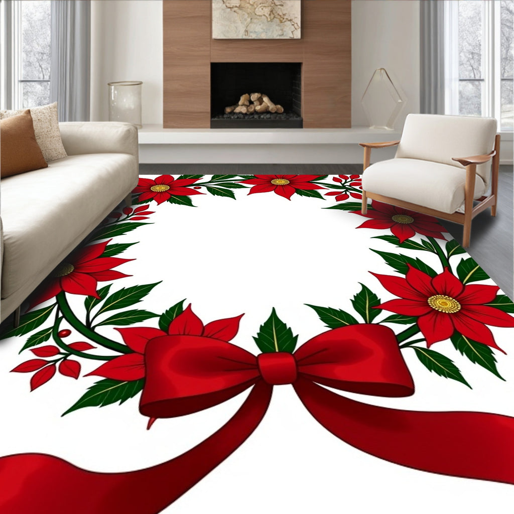 Red Floral Poinsettia Wreath Ribbon Accents Rug