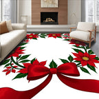 Red Floral Poinsettia Wreath Ribbon Accents Rug
