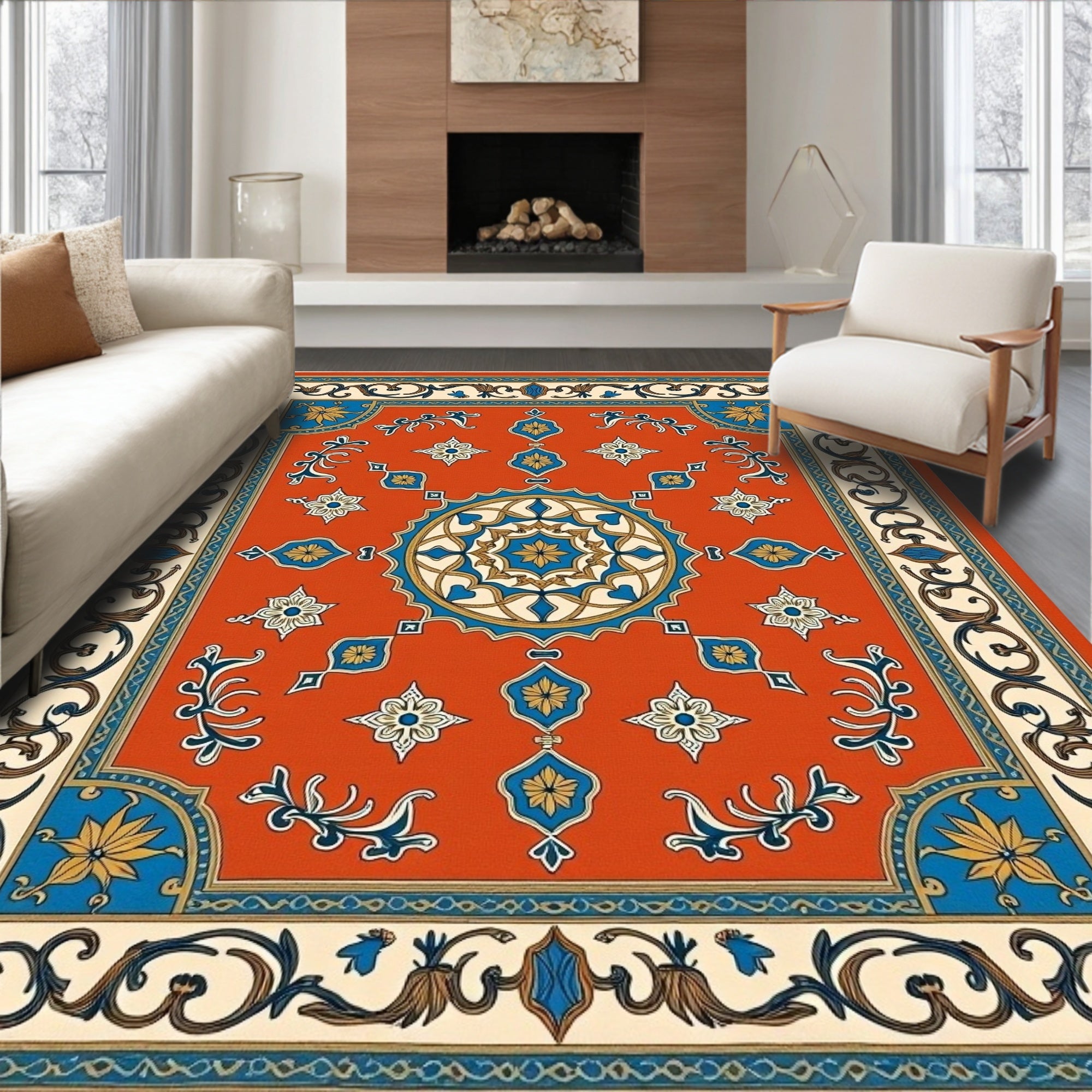 Crimson Blue Golden Medallion Rug