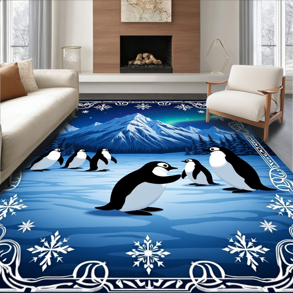 Winter Penguins Aurora Mountain Scene Rug
