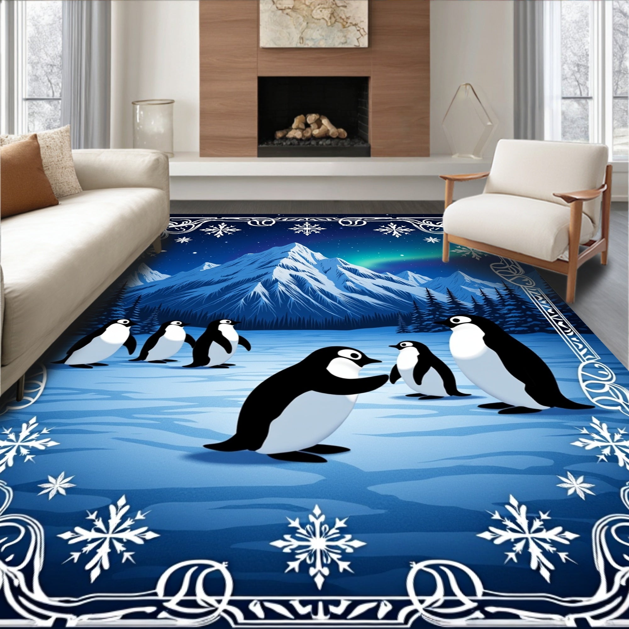 Winter Penguins Aurora Mountain Scene Rug