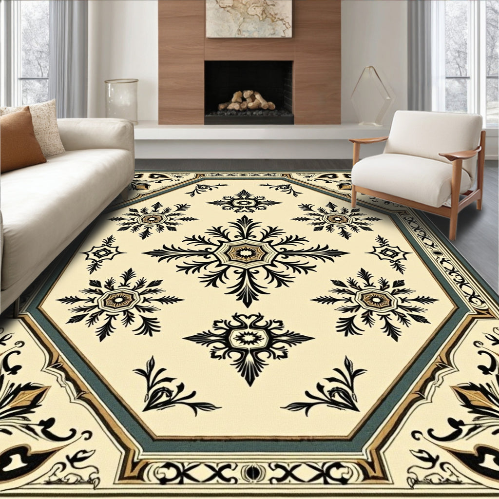 Cream and Black Medallion Motif Rug
