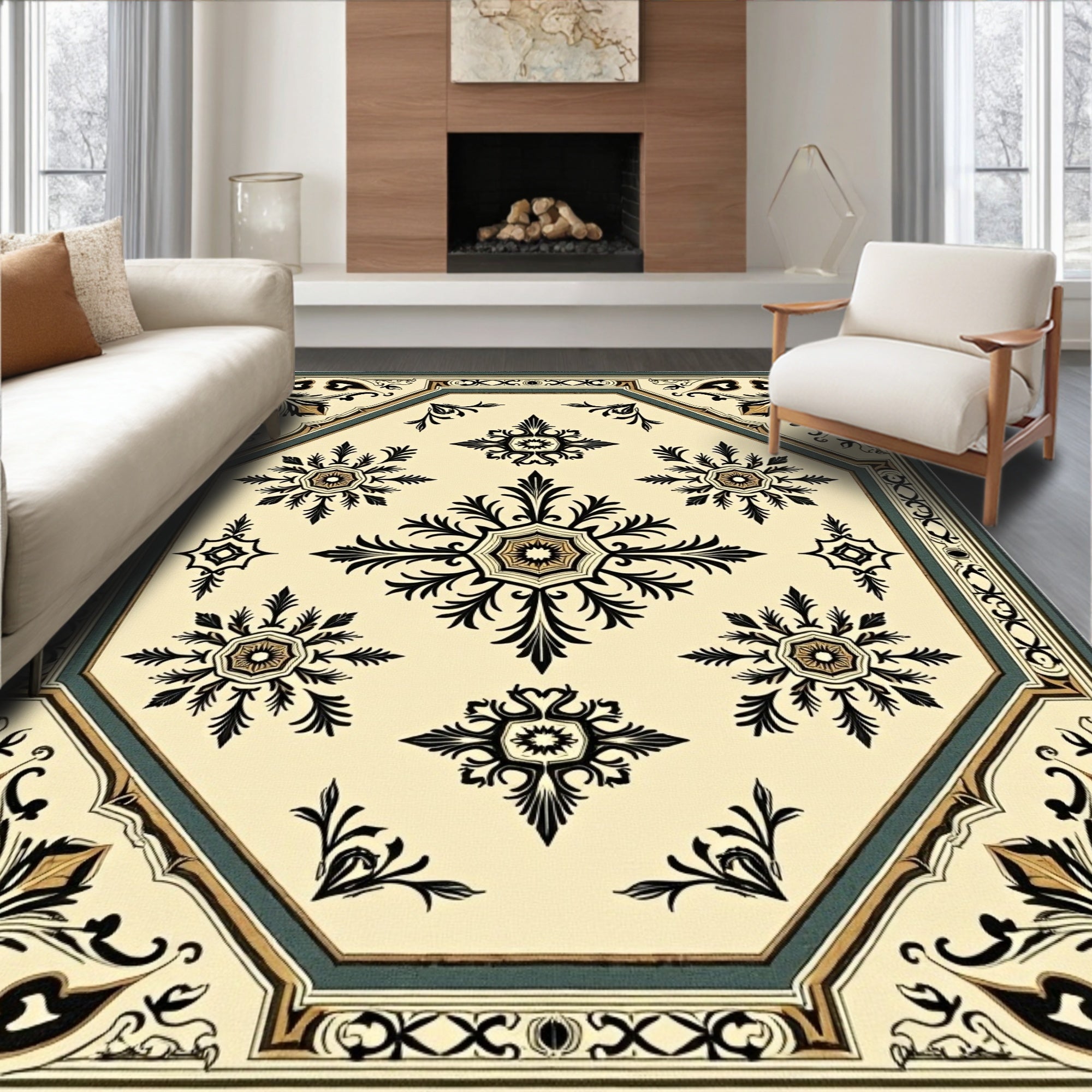 Cream and Black Medallion Motif Rug