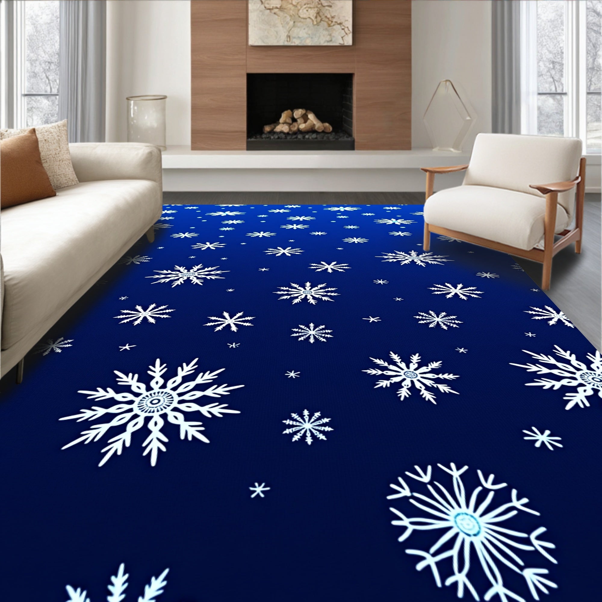 Deep Blue White Snowflake Scatter Rug