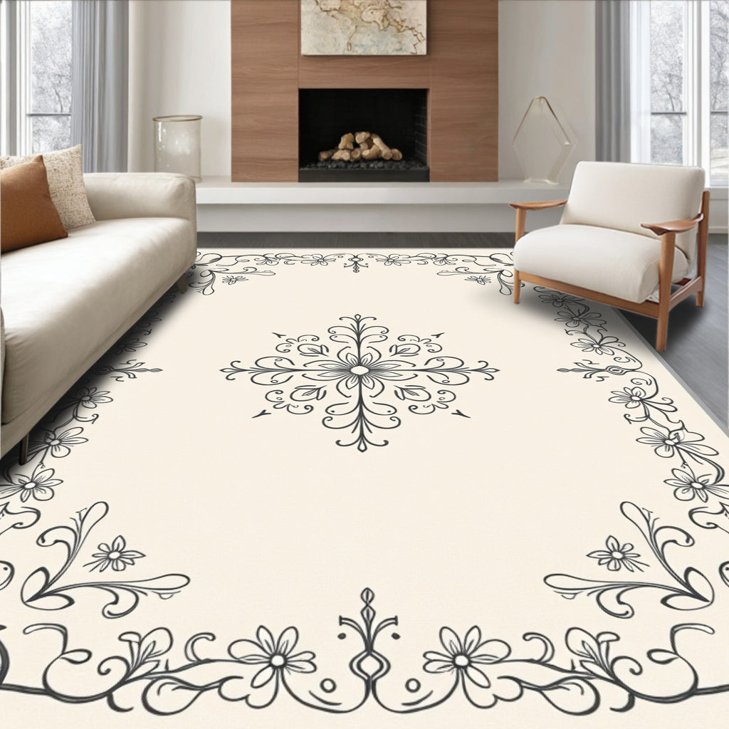 Cream Floral Vine Decorative Border Rug