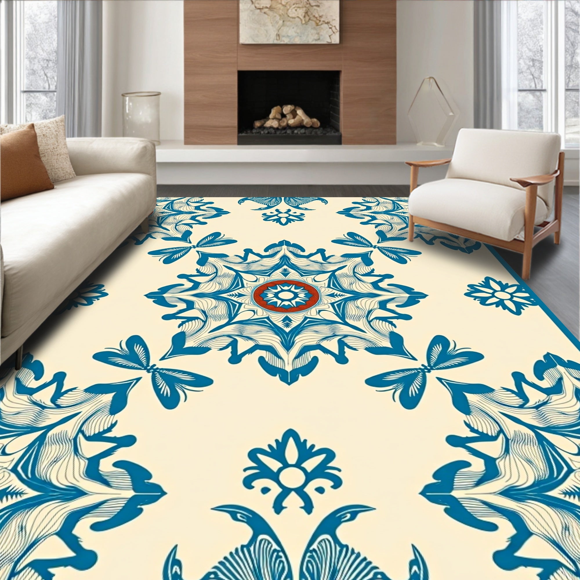Blue Crimson Floral Medallion Rug