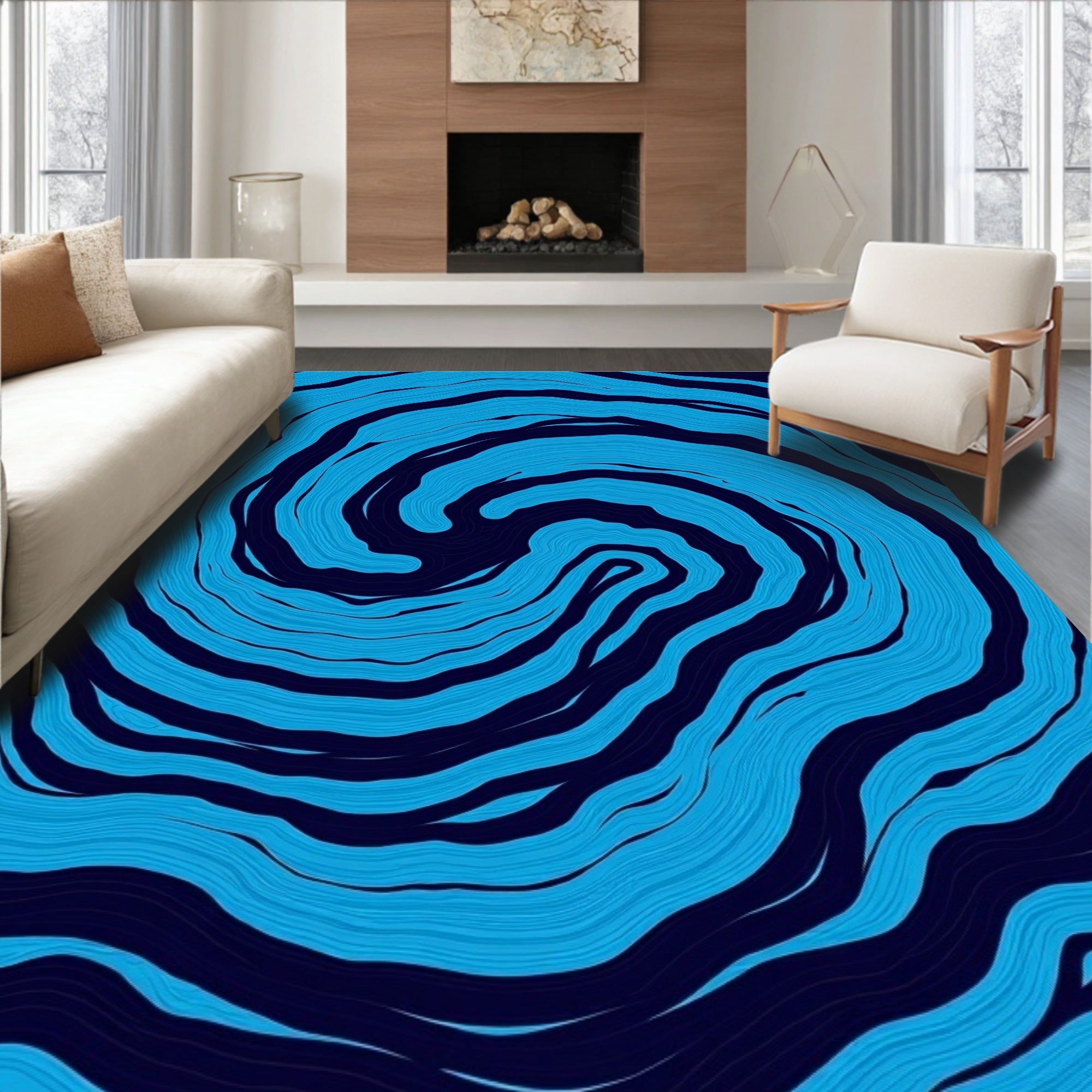 Oceanic Blue Swirl Abstract Rug