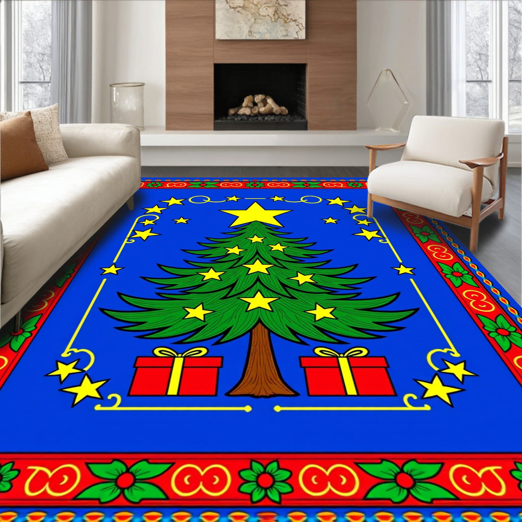 Festive Blue Christmas Tree Stars Rug