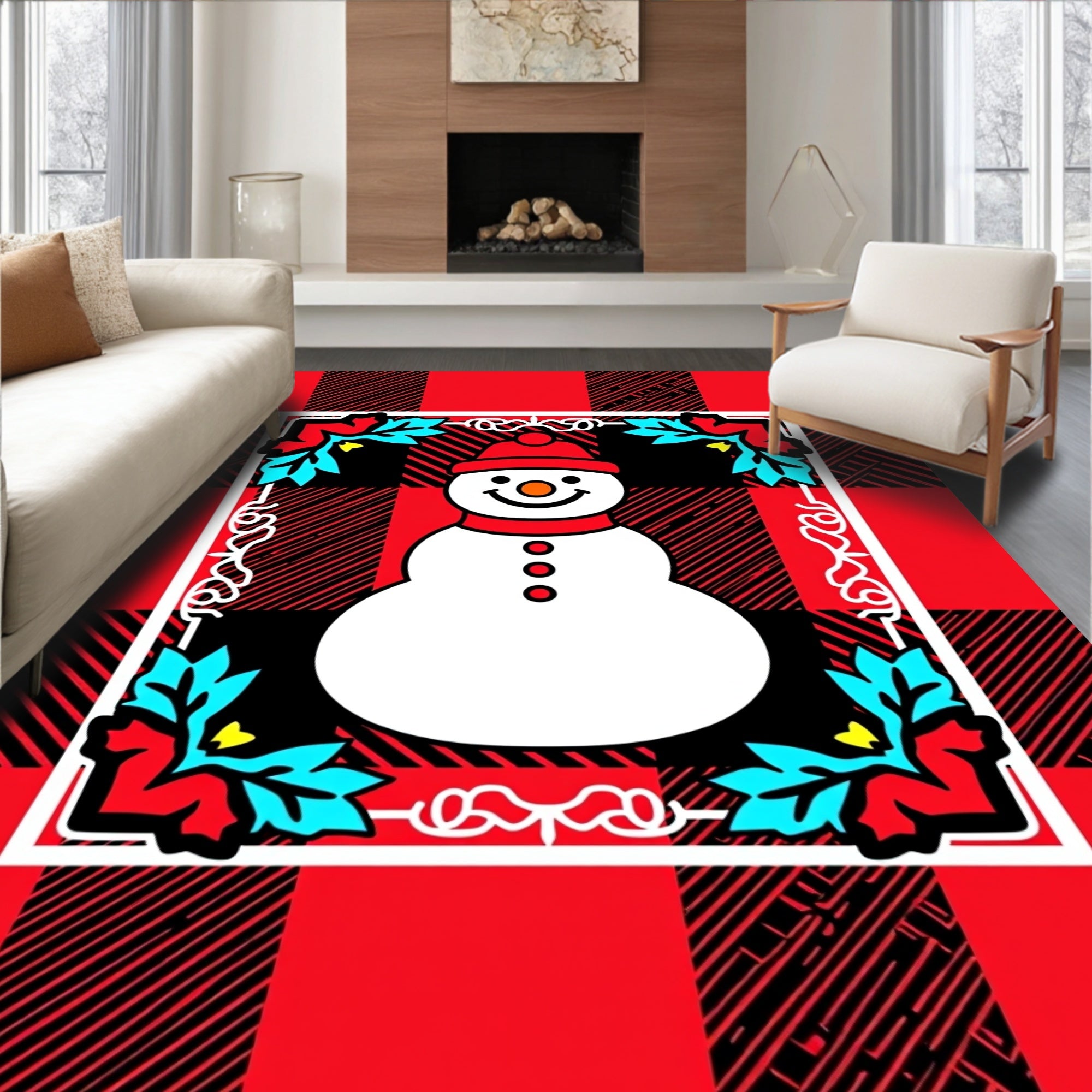 Red Buffalo Check Snowman Holly Border Rug