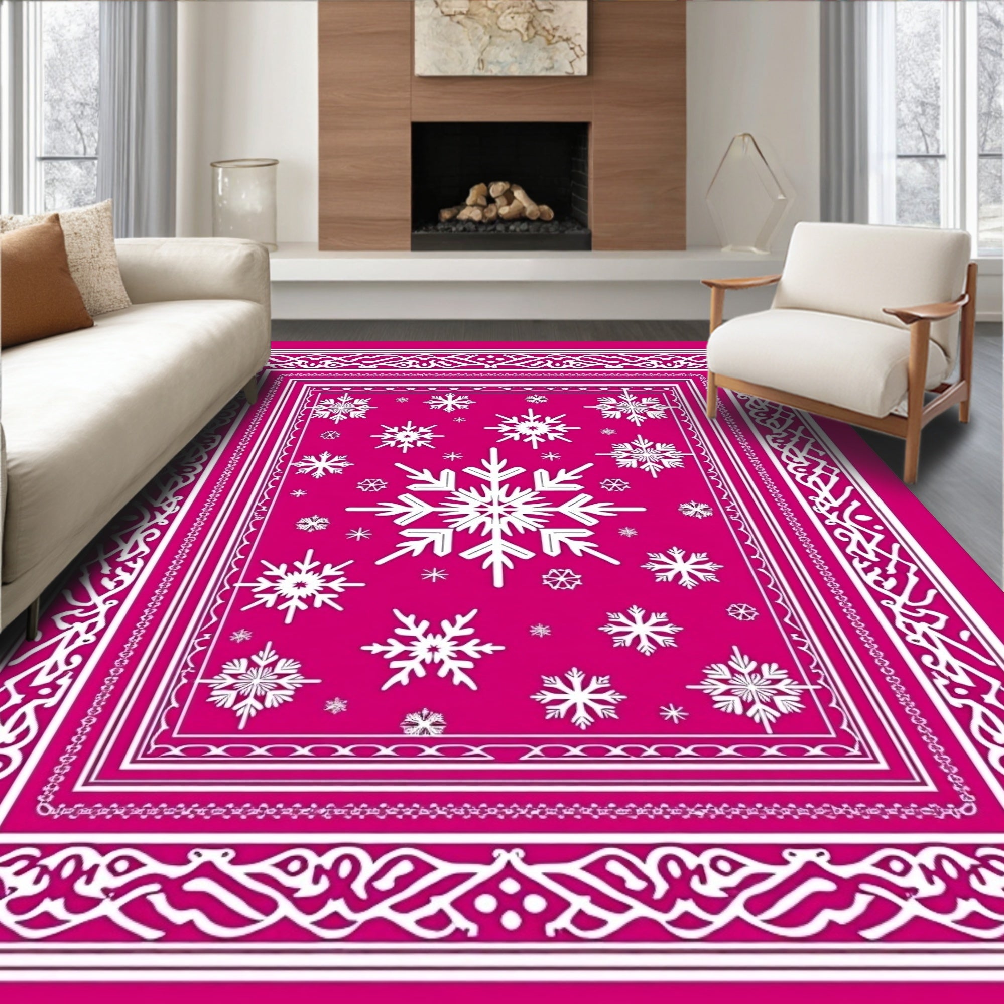 Crimson White Snowflake Winter Border Rug