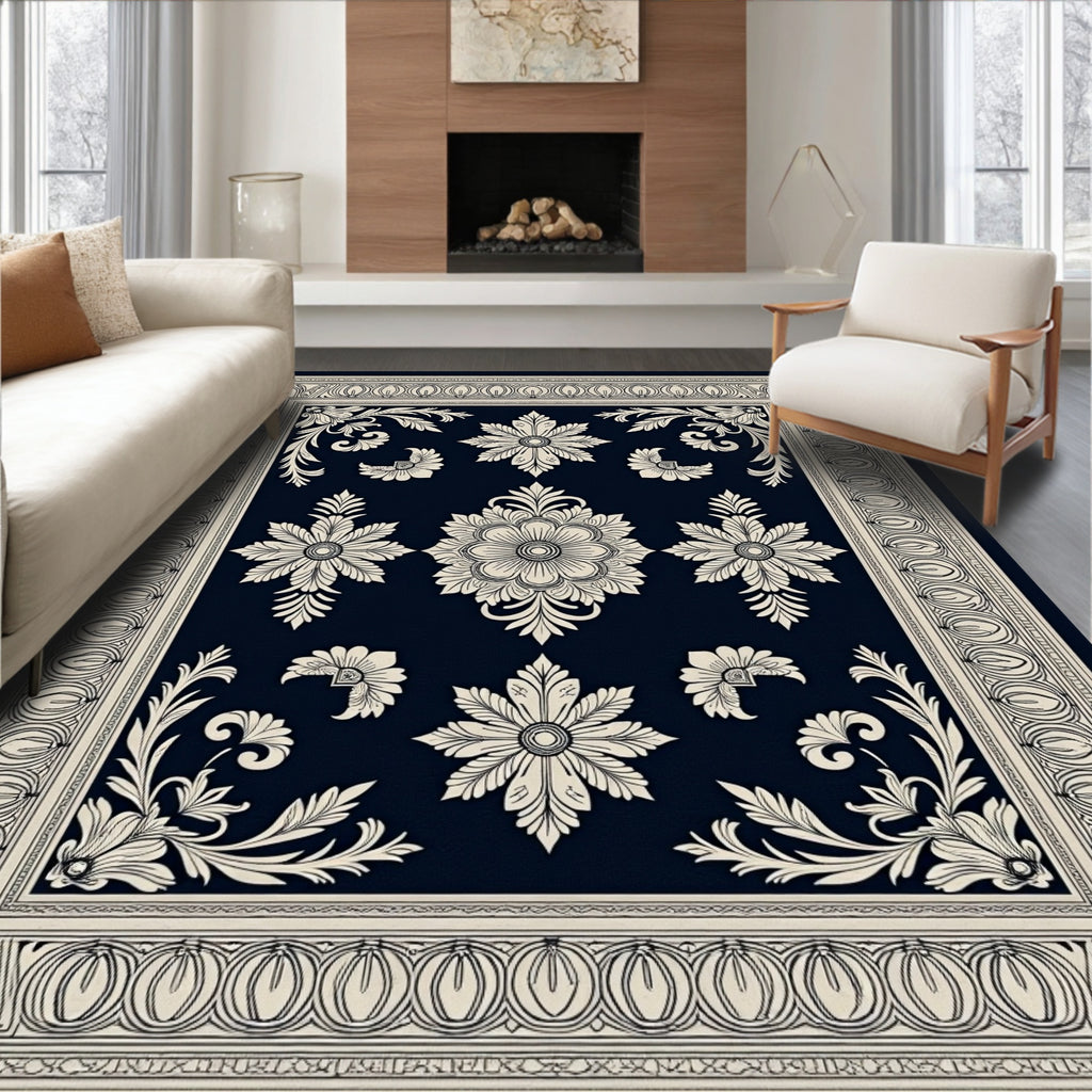 Dark Blue Floral Medallion Garden Rug
