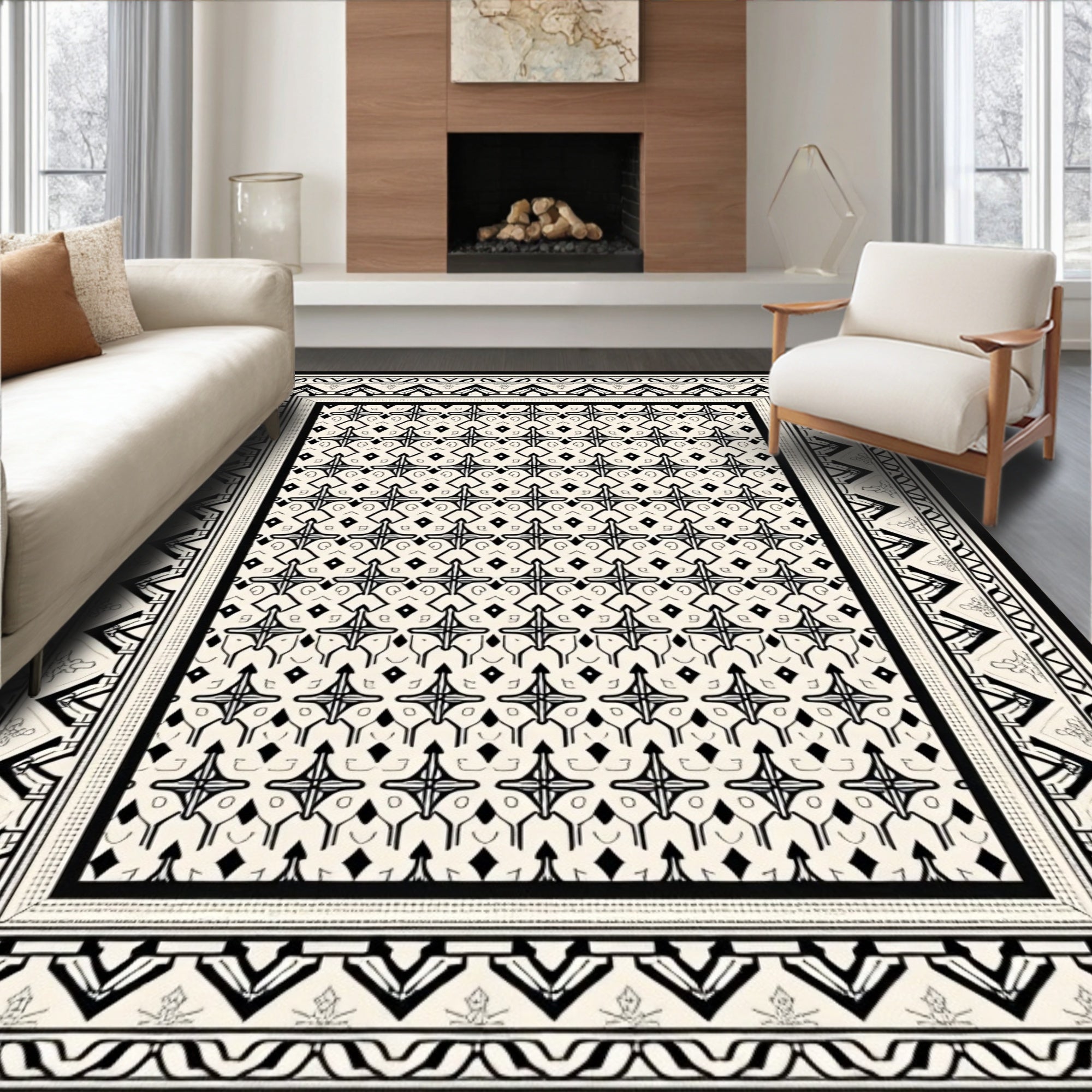 Eclectic Black And White Geometric Border Rug