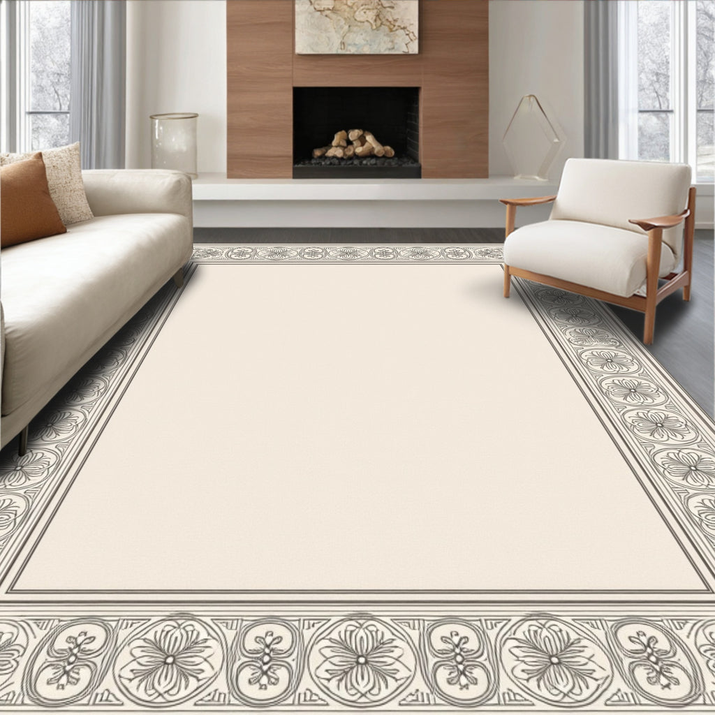 Elegant Ivory Floral Scroll Border Rug