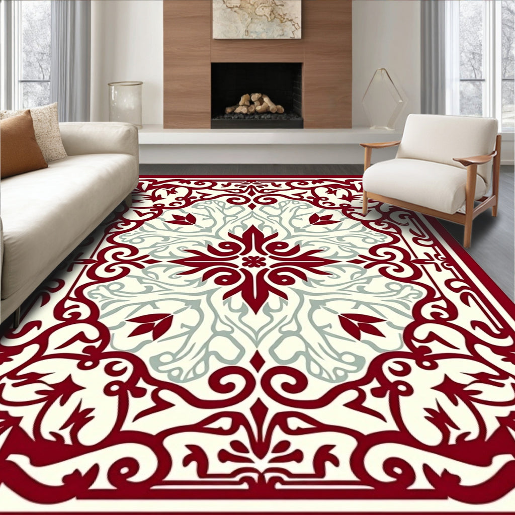 Crimson Cream Swirl Floral Medallion Rug