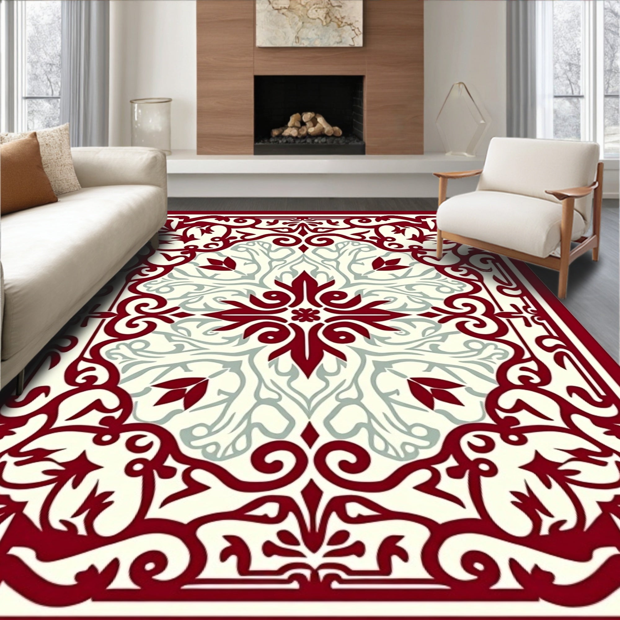Crimson Cream Swirl Floral Medallion Rug