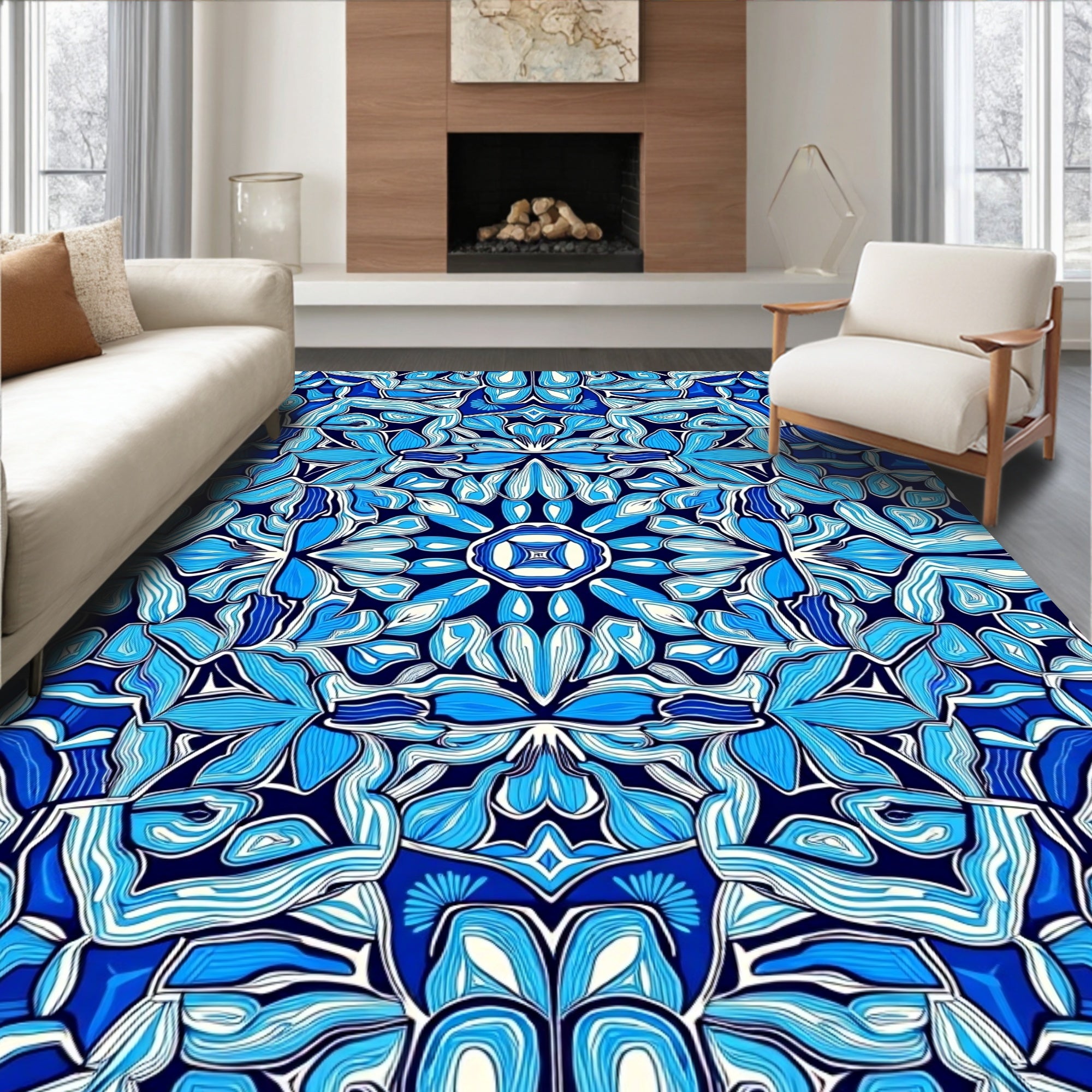 Symmetrical Blue White Organic Bloom Rug